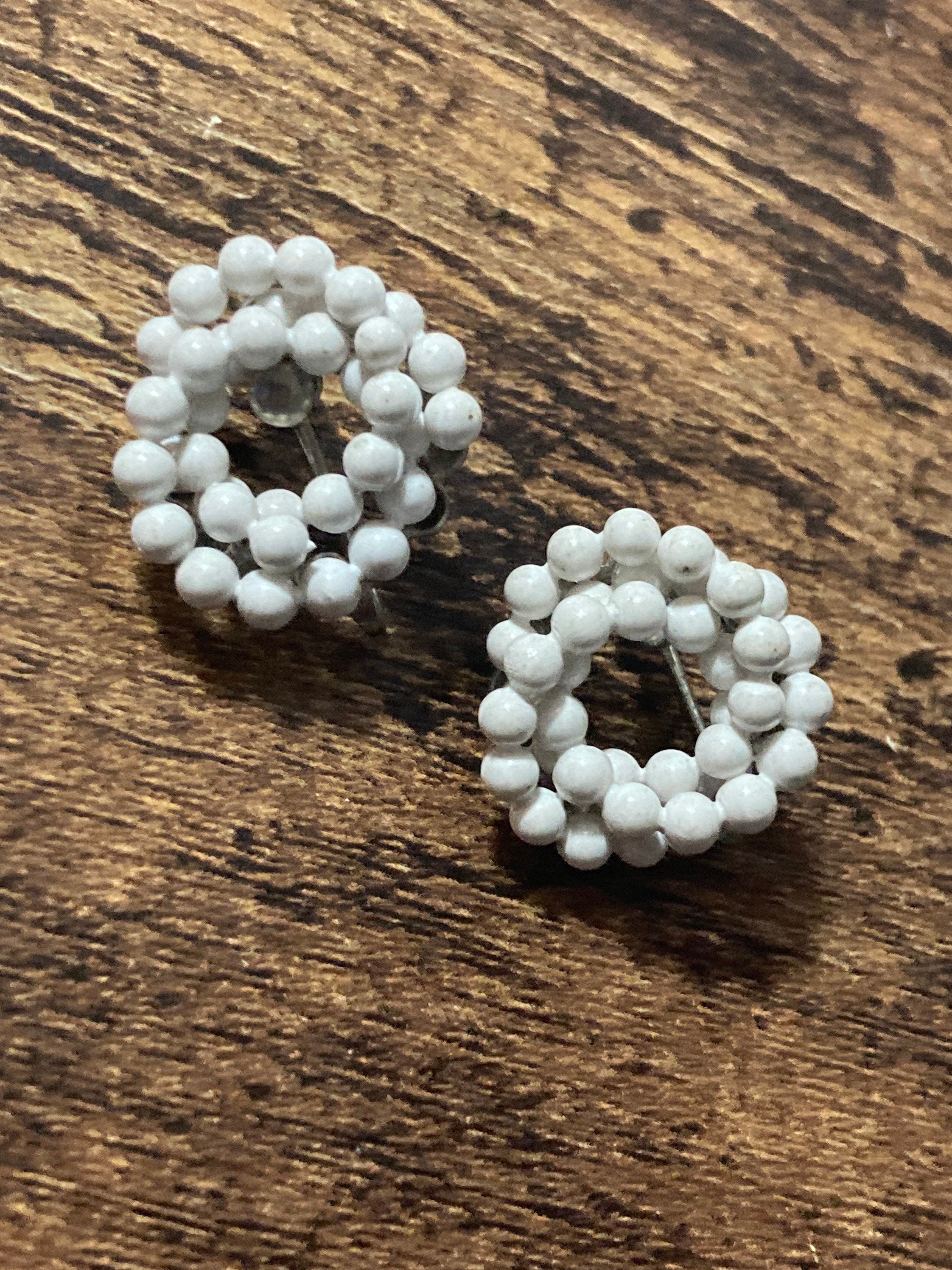 white enamel round vintage clip on earrings mid century