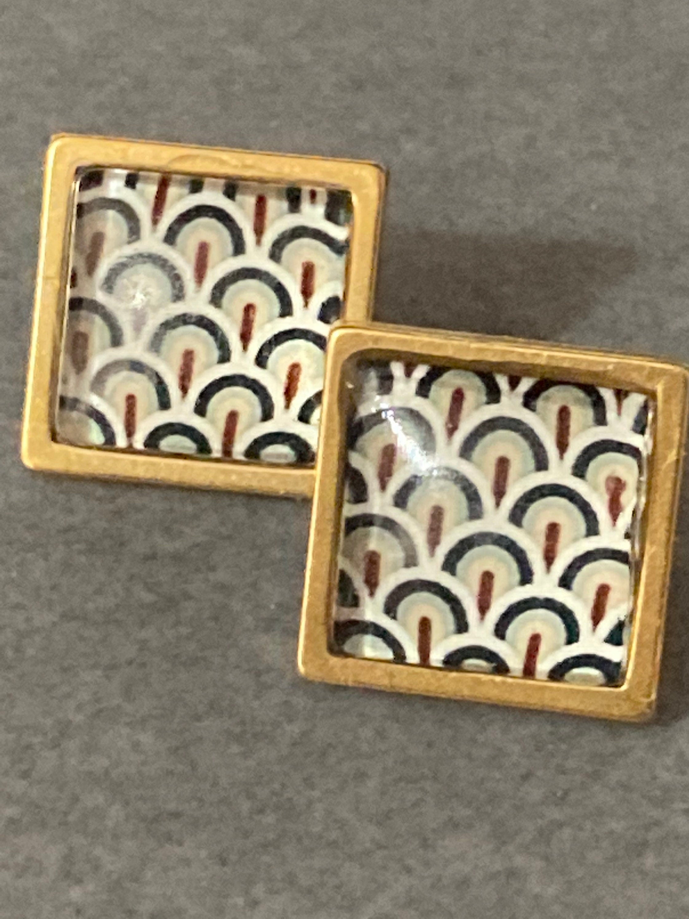 Art Deco style handmade gold tone square black and gold cabochon stud earrings