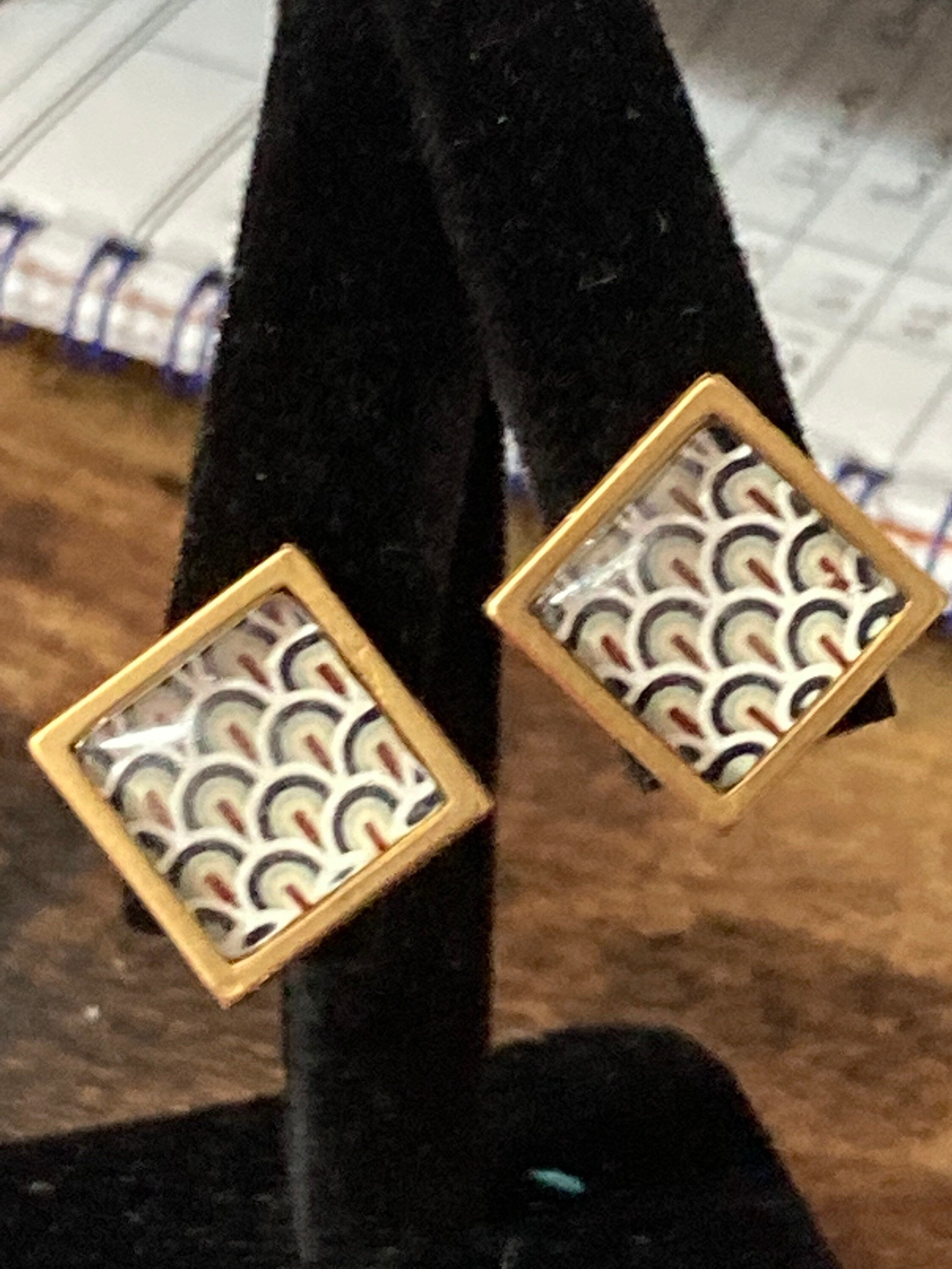 Art Deco style handmade gold tone square black and gold cabochon stud earrings