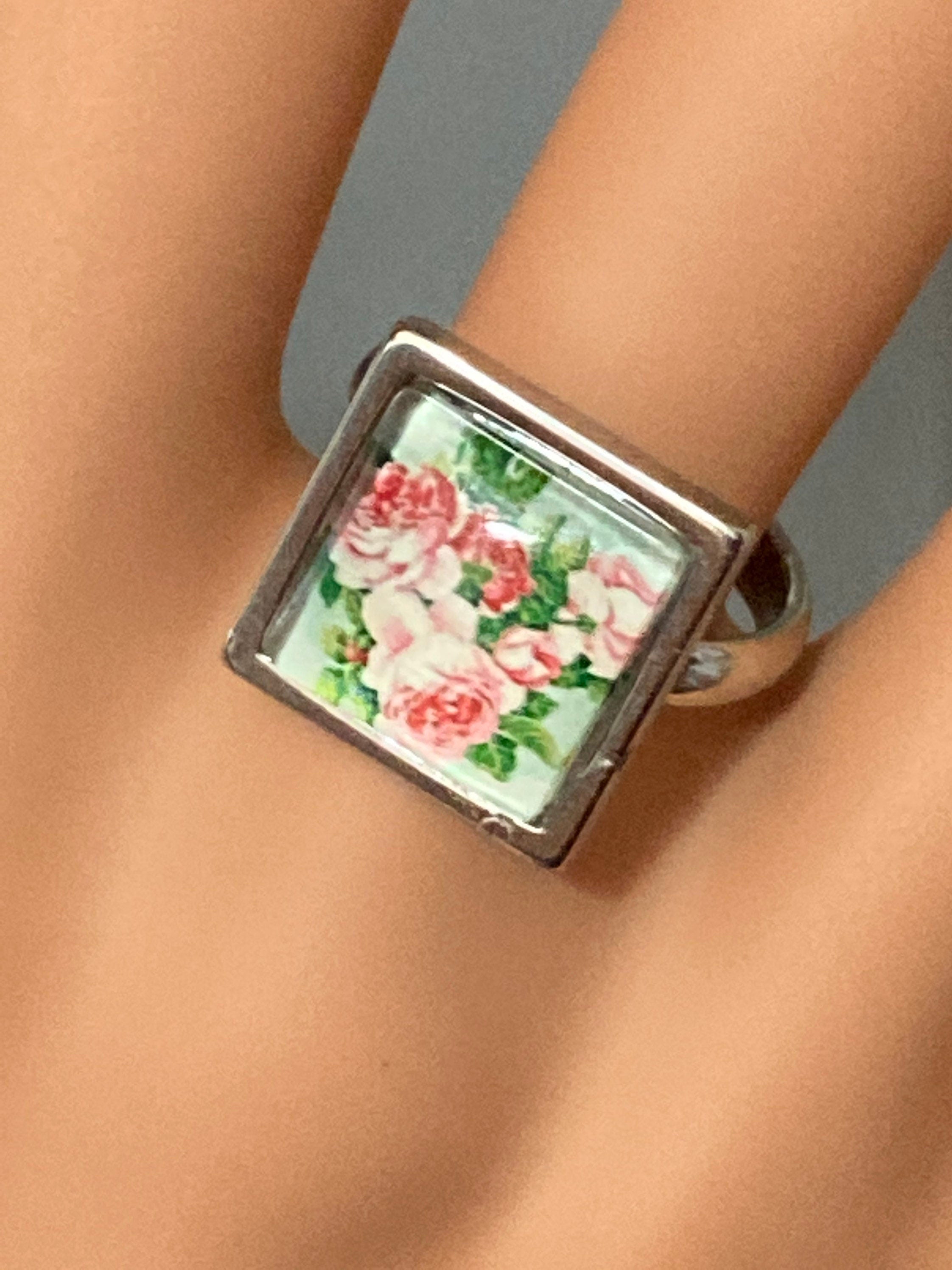 Garden roses glass dress ring 14mm square pink green floral glass cabochon handmade silver tone adjustable