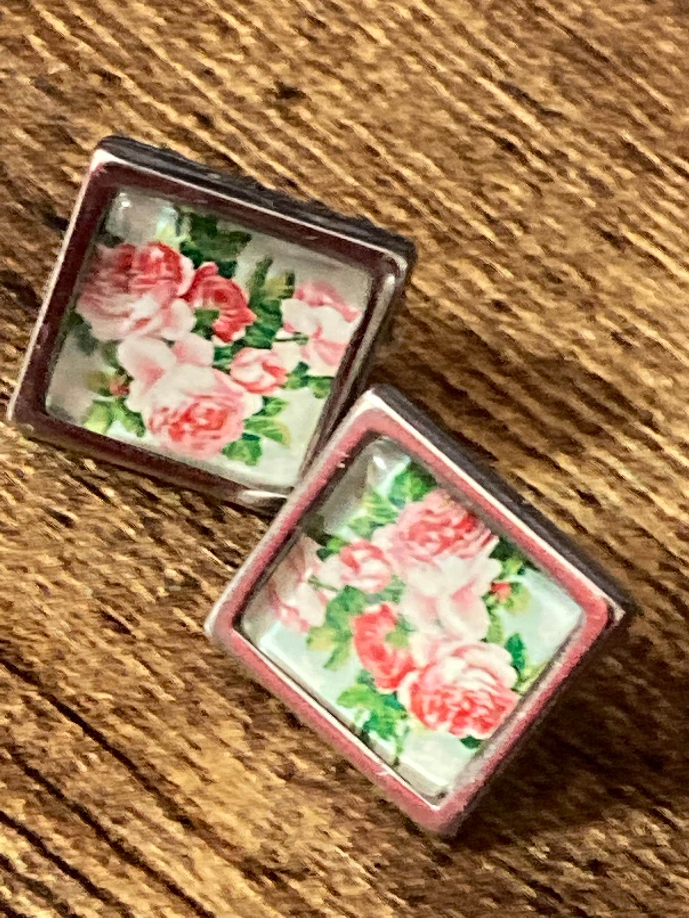 Garden roses square floral cabochon stud earrings pierced silver tone 14mm