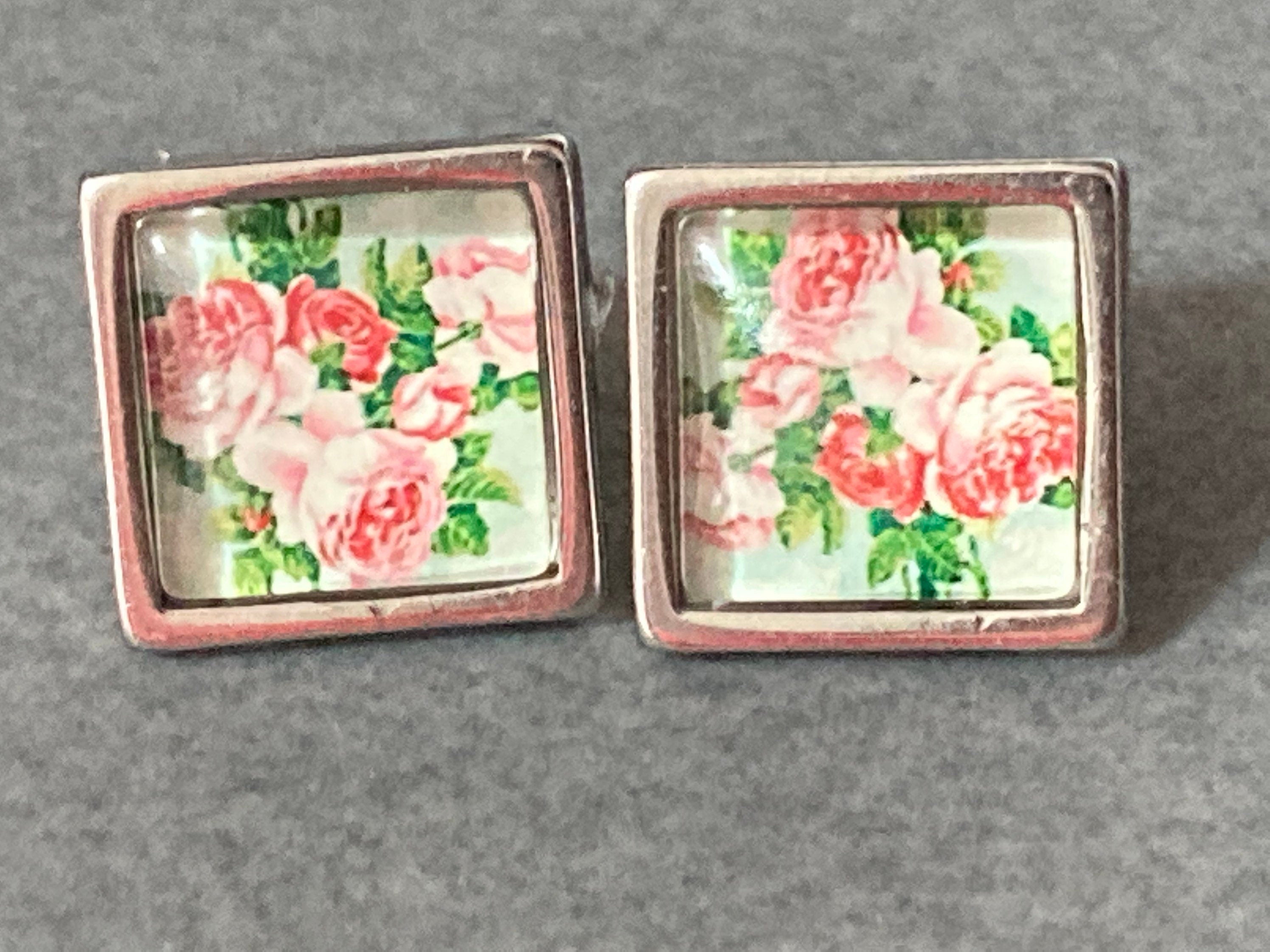 Garden roses square floral cabochon stud earrings pierced silver tone 14mm