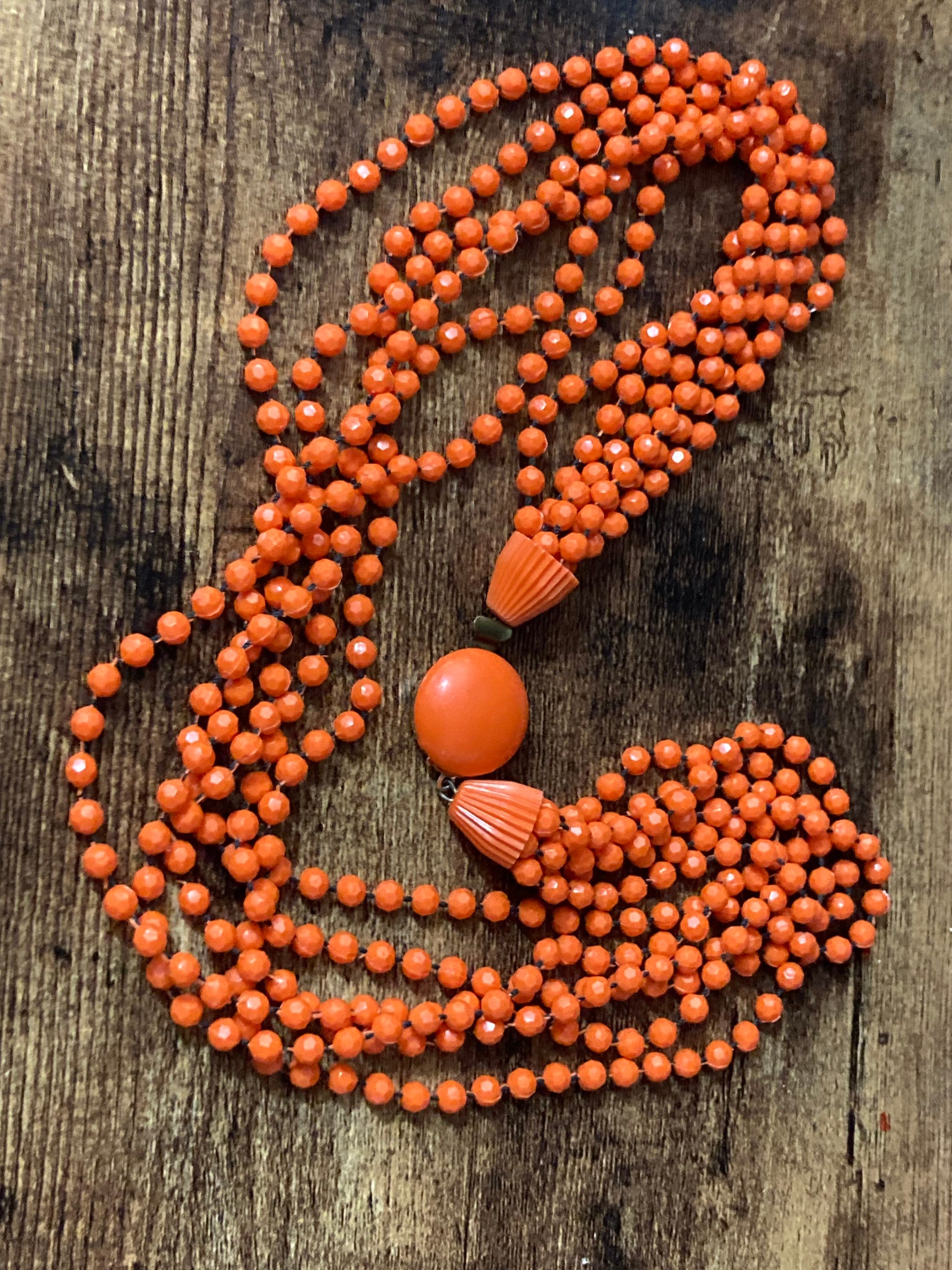Vintage bright orange fixed bead plastic beaded multi strand choker necklace 50cm long