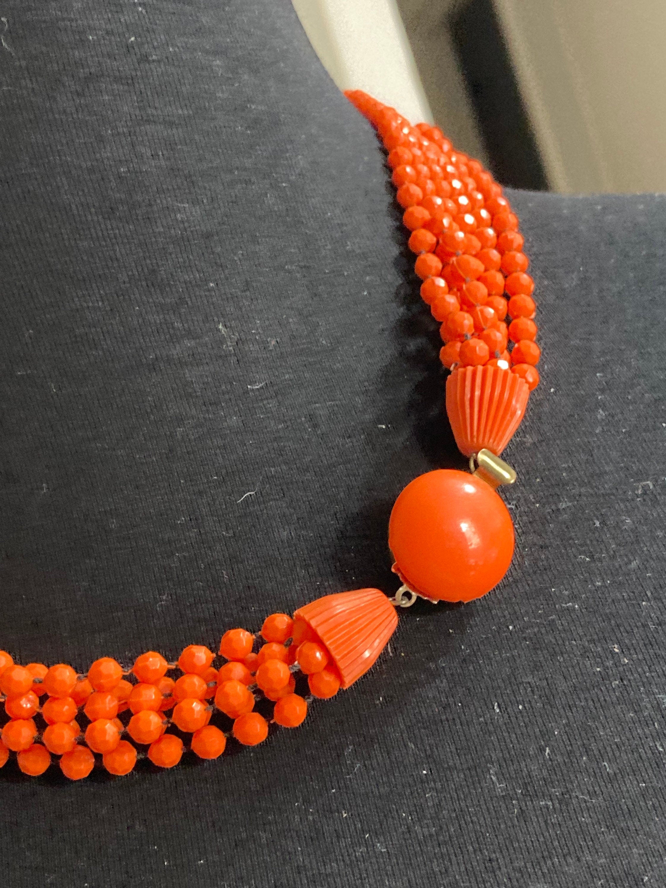 Vintage bright orange fixed bead plastic beaded multi strand choker necklace 50cm long