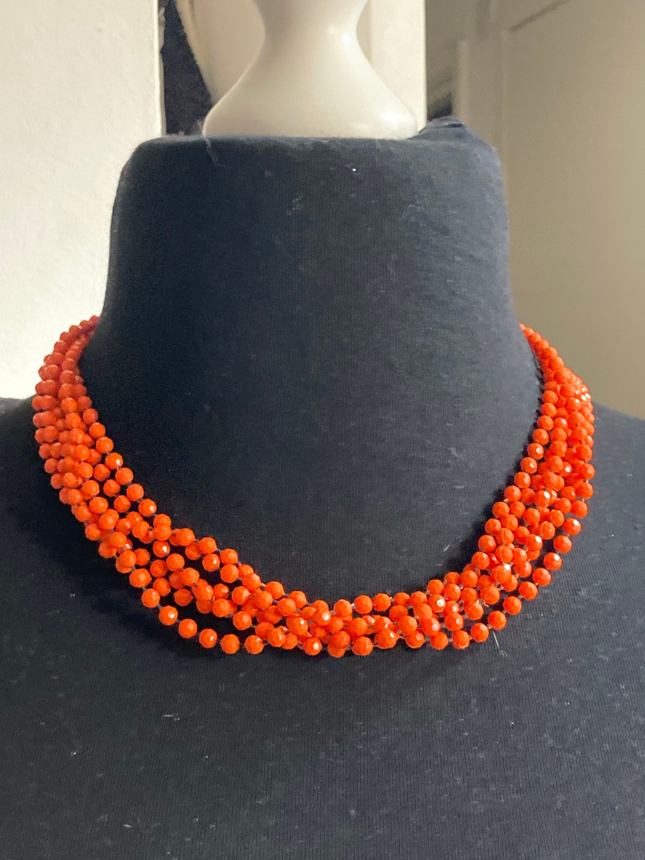 Vintage bright orange fixed bead plastic beaded multi strand choker necklace 50cm long