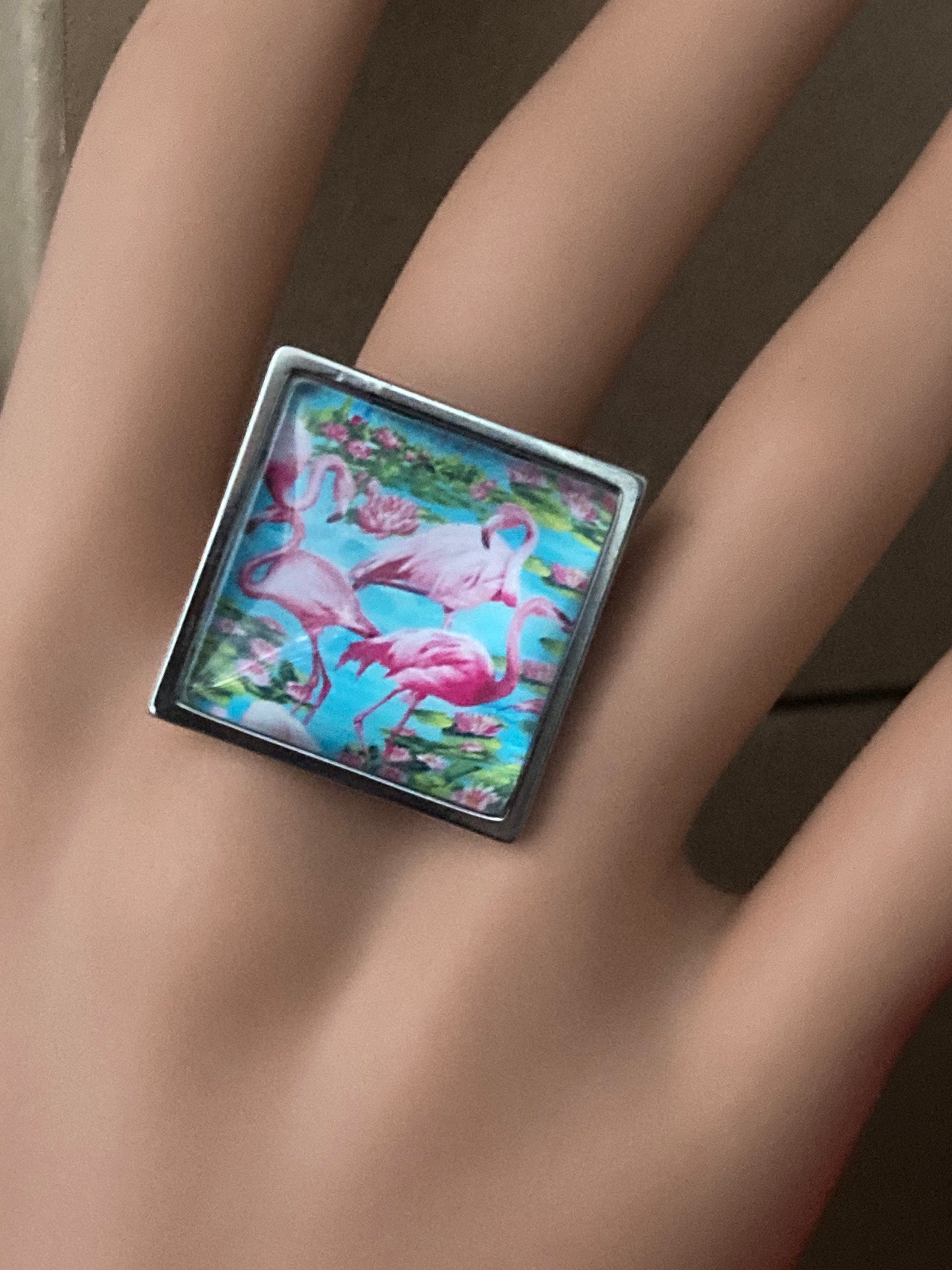 Pink Flamingo Ring: Stainless Steel Adjustable Ring with Glass Cabochon