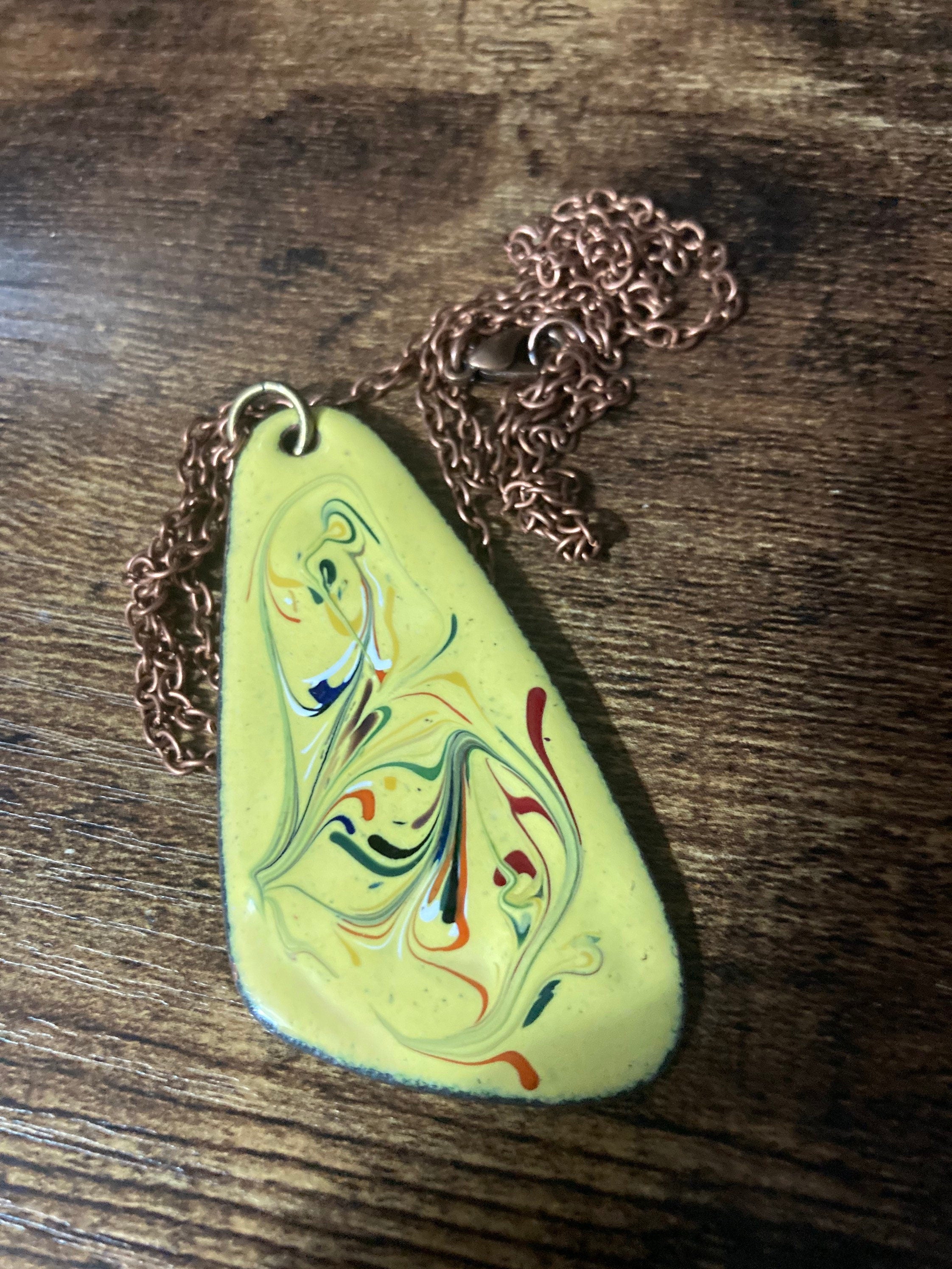 1970s original copper YELLOW  coloured enamel pendant on a new copper tone long 68cm / 27” chain with lobster clasp 6cm pendant