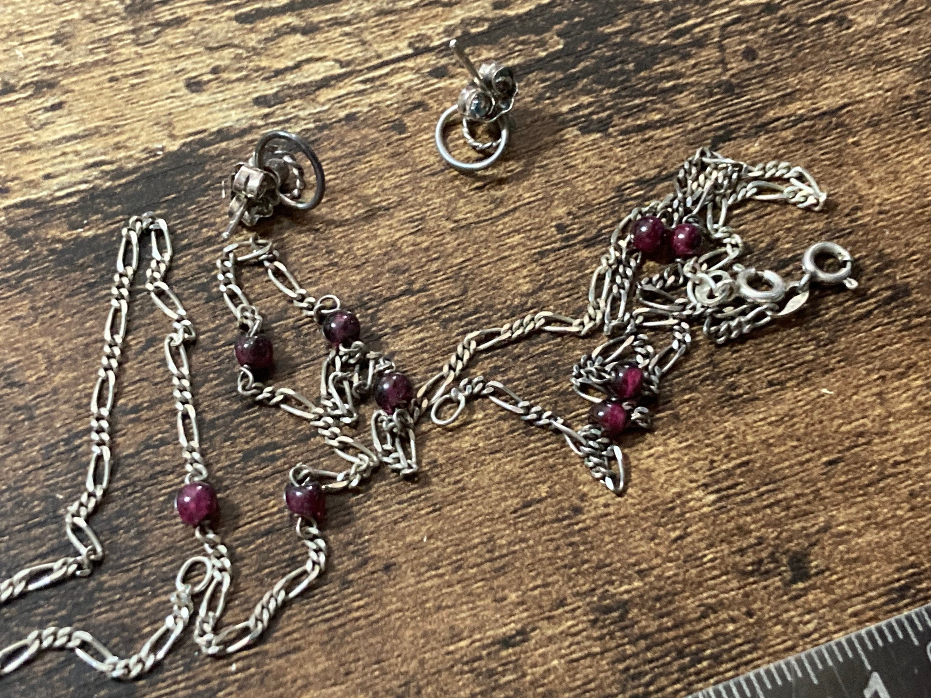 Jewellery set figaro link chain necklace bracelet earring set with amethyst pink beads 5.7 grams 925 Sterling silver