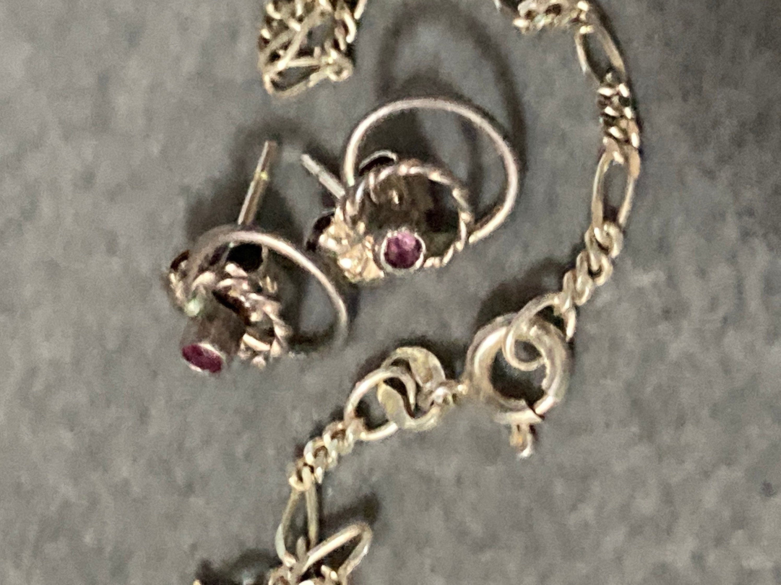 Jewellery set figaro link chain necklace bracelet earring set with amethyst pink beads 5.7 grams 925 Sterling silver