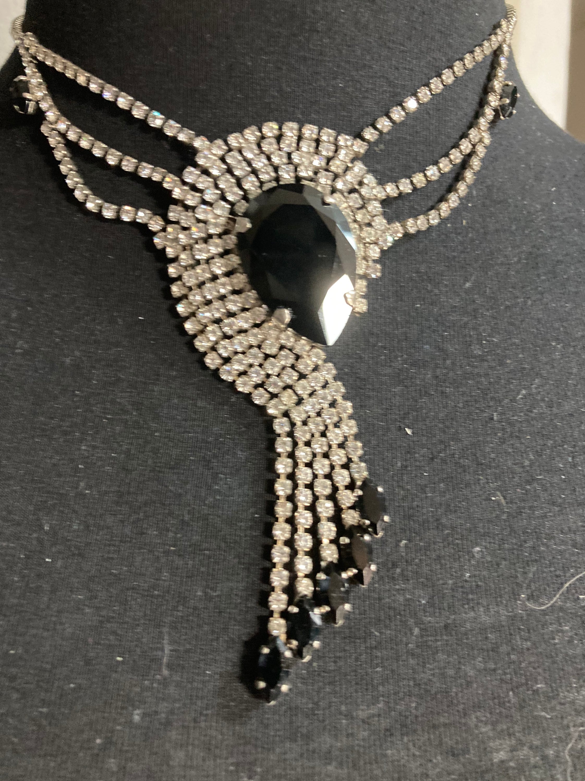 diamanté rhinestone necklace clear black paste silver tone monochrome 45cm