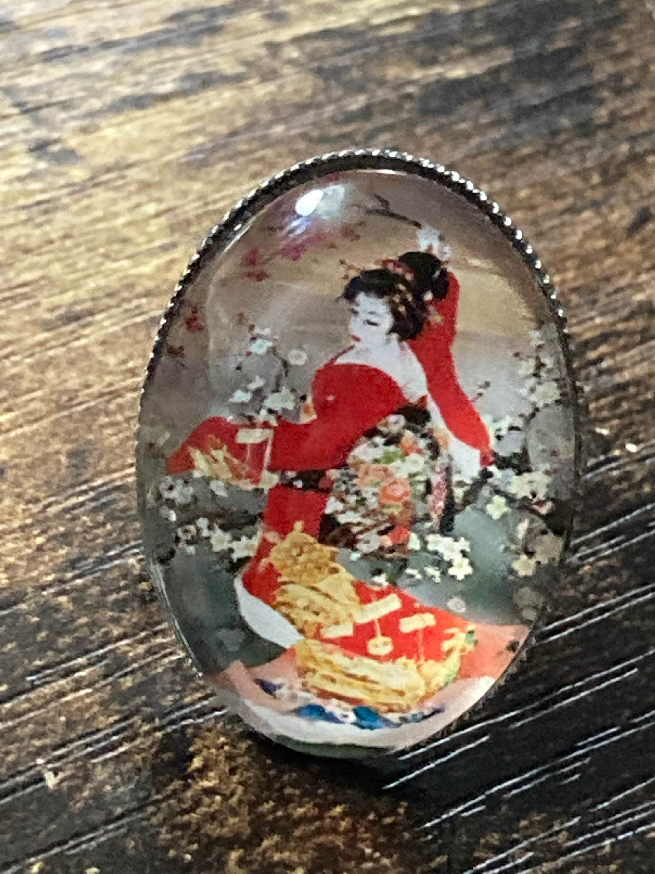 Japanese geisha girl ring adjustable stainless steel red