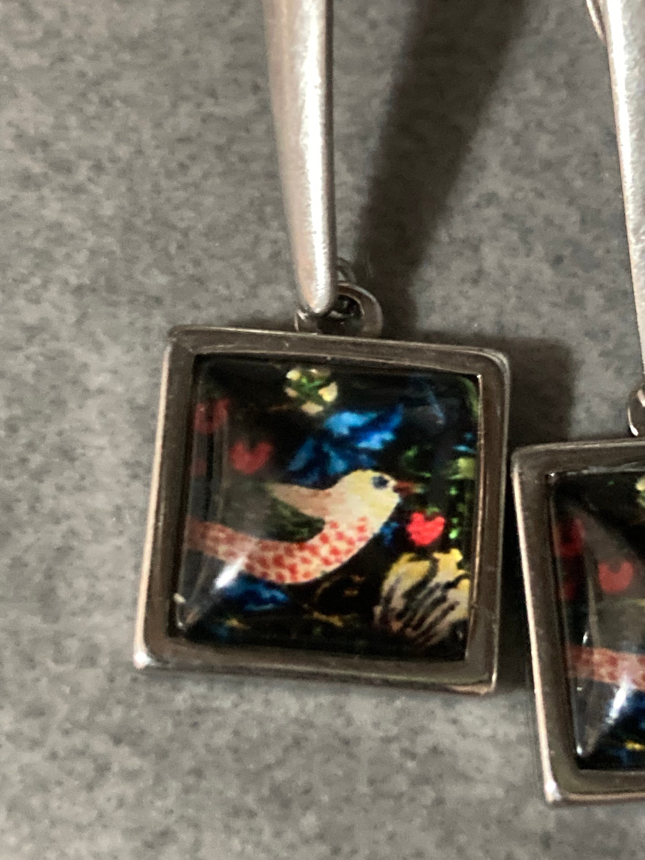 William Morris strawberry thief print earrings square glass cabochon drops black