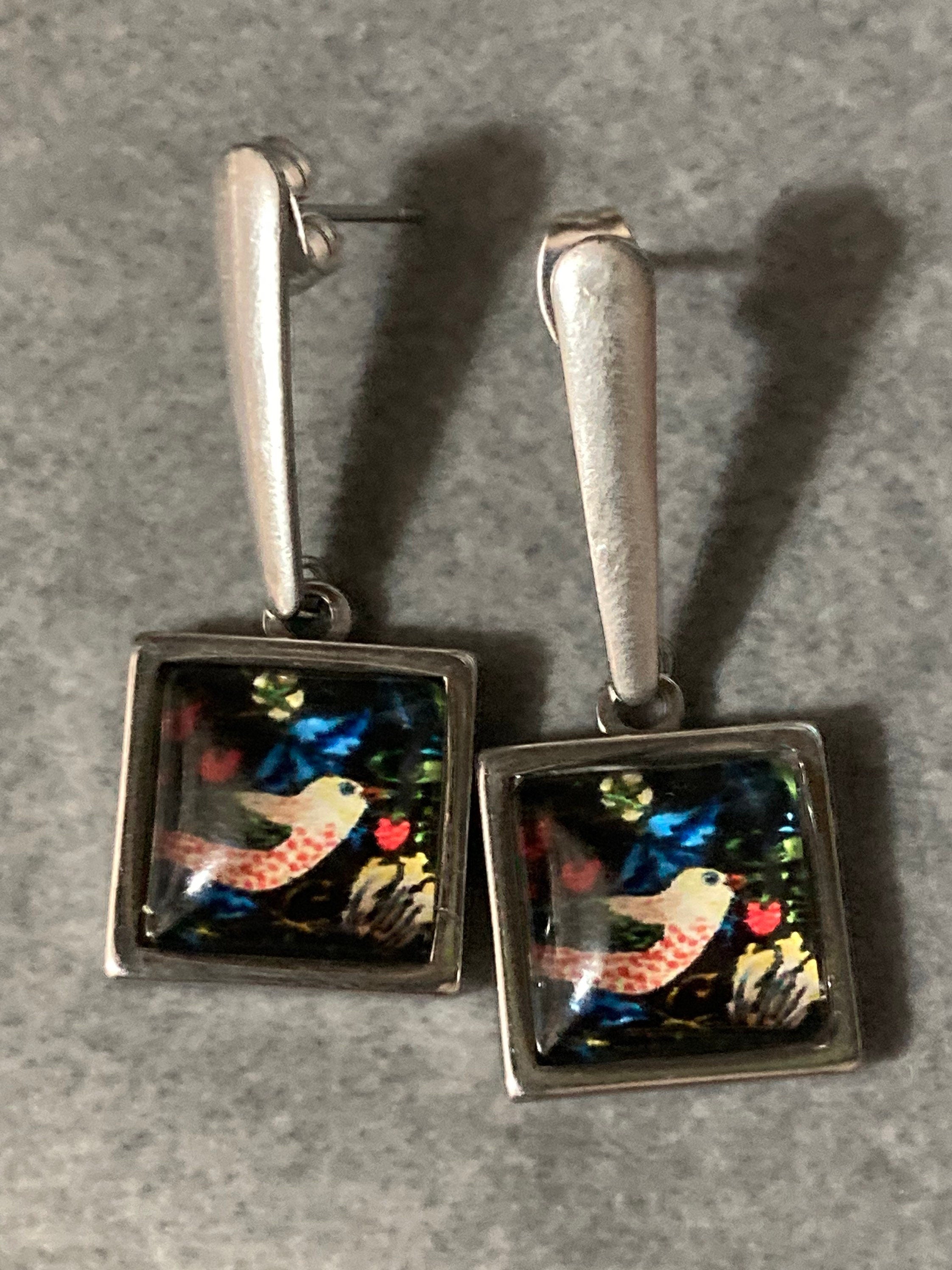 William Morris strawberry thief print earrings square glass cabochon drops black