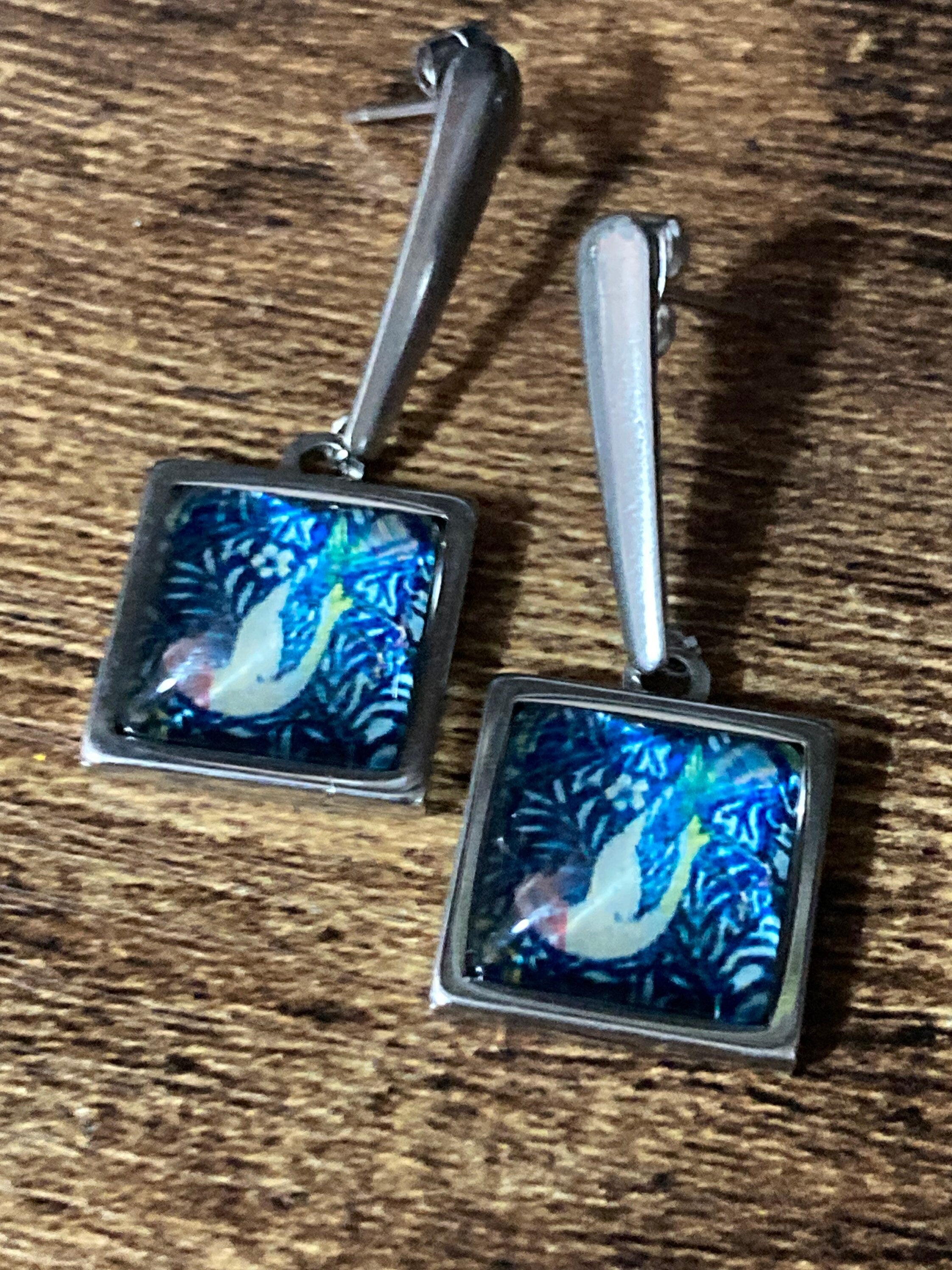 bird earrings square glass cabochon drops blue William Morris style design