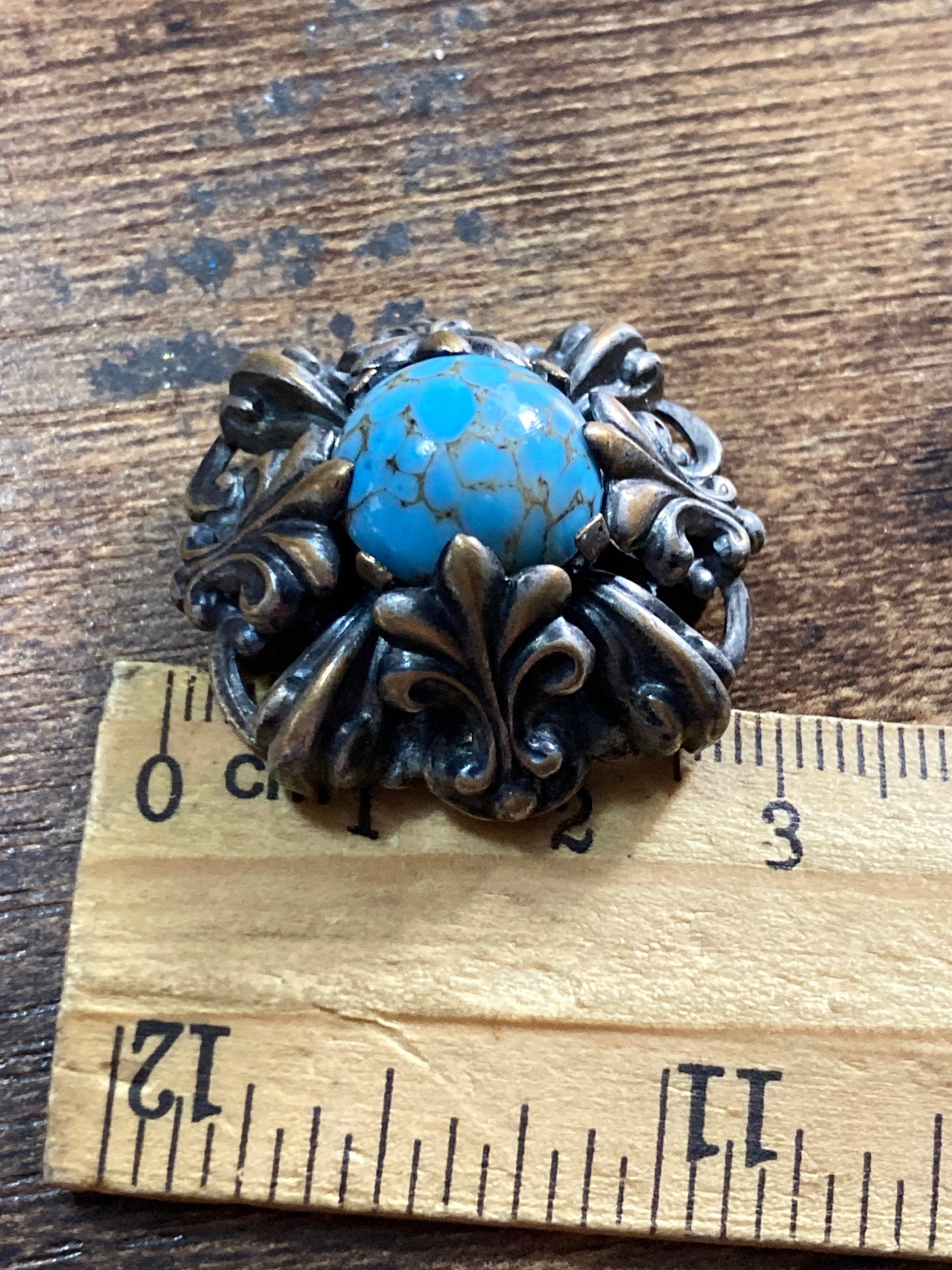 Art Deco Czech brass filigree brooch turquoise blue Gold 1930s 1940s