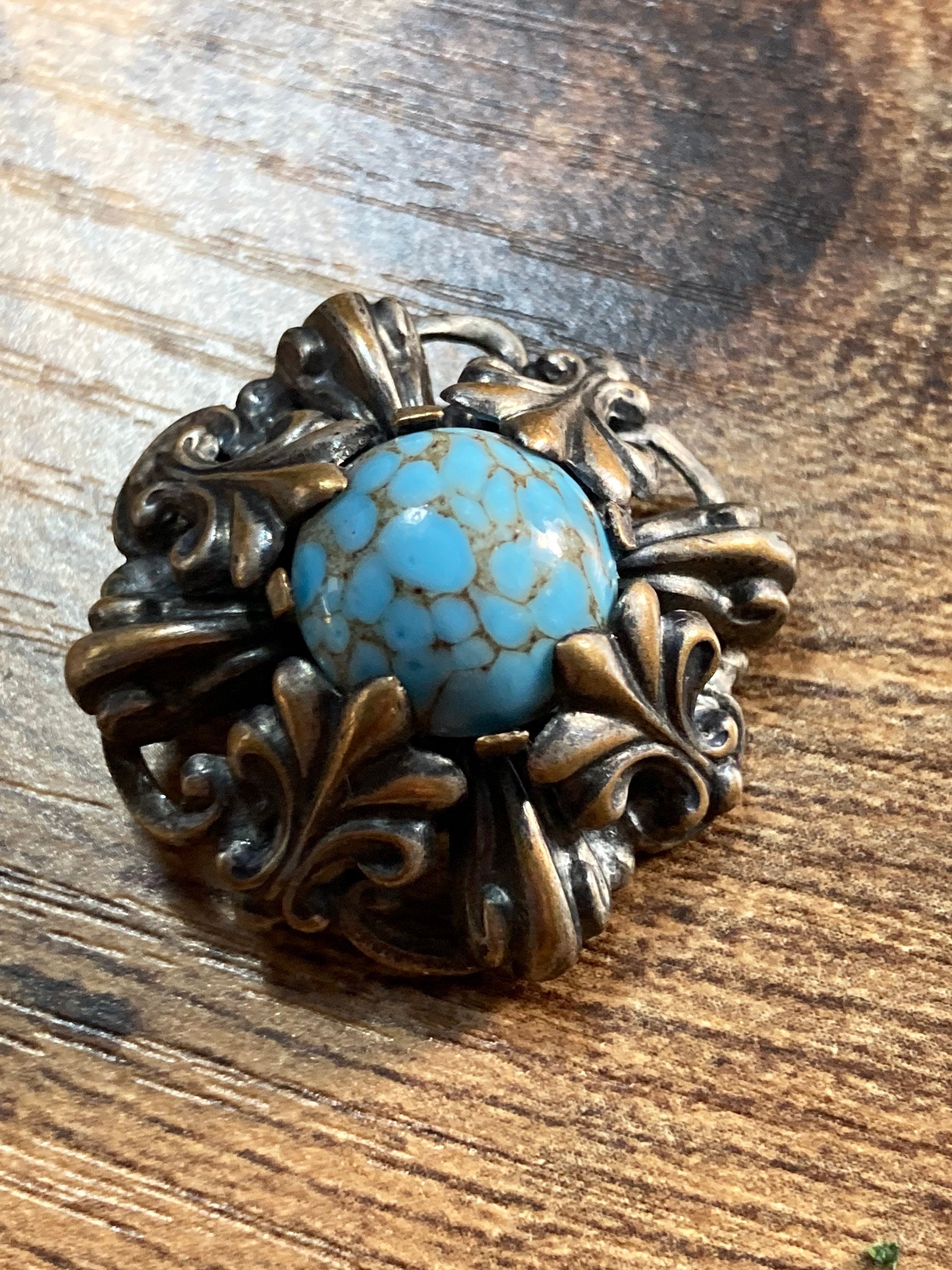 Art Deco Czech brass filigree brooch turquoise blue Gold 1930s 1940s