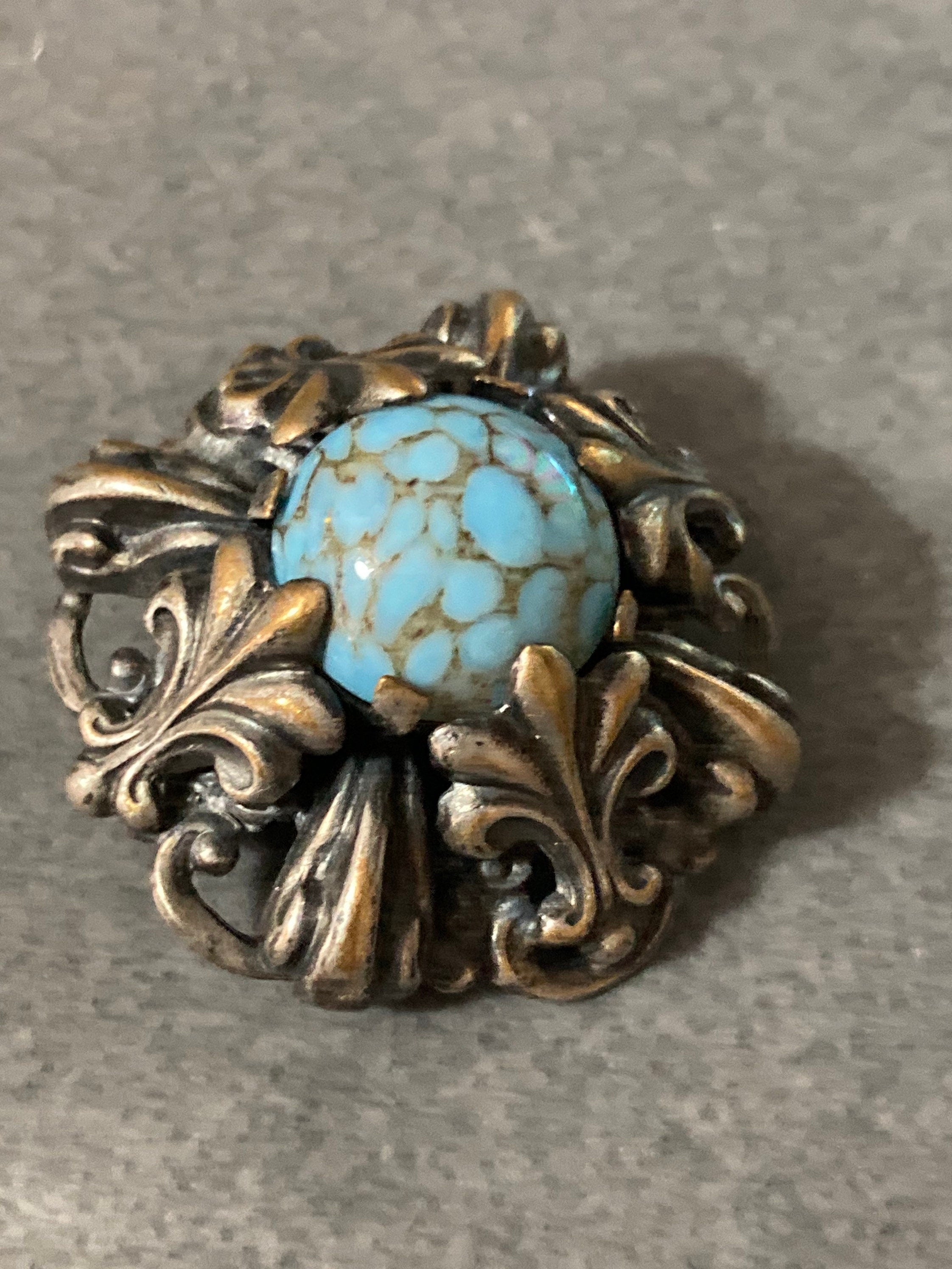 Art Deco Czech brass filigree brooch turquoise blue Gold 1930s 1940s