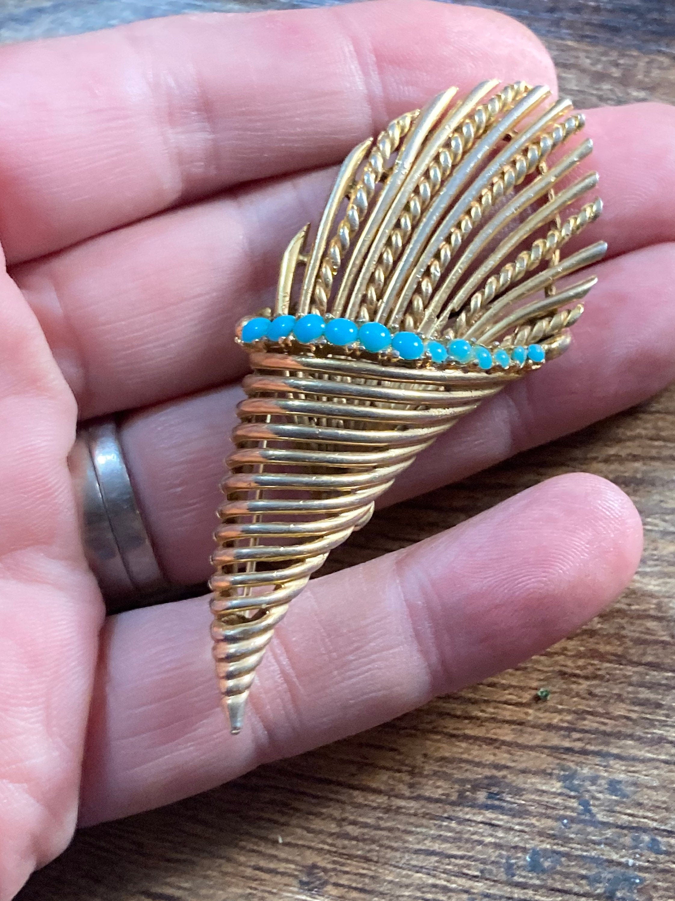 gold tone turquoise beaded abstract wheat basket brooch 1960s vintage modernist mid century