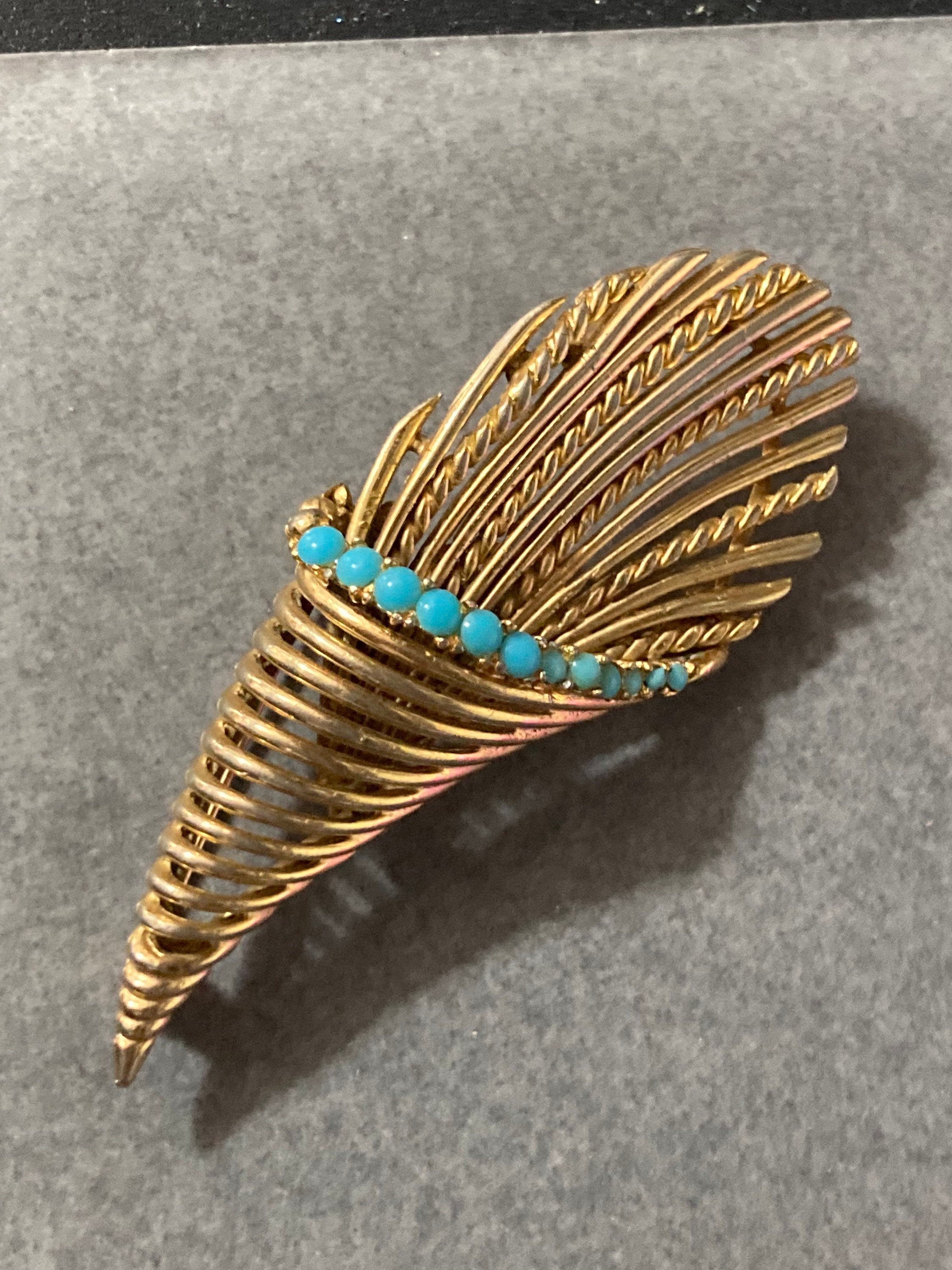 gold tone turquoise beaded abstract wheat basket brooch 1960s vintage modernist mid century