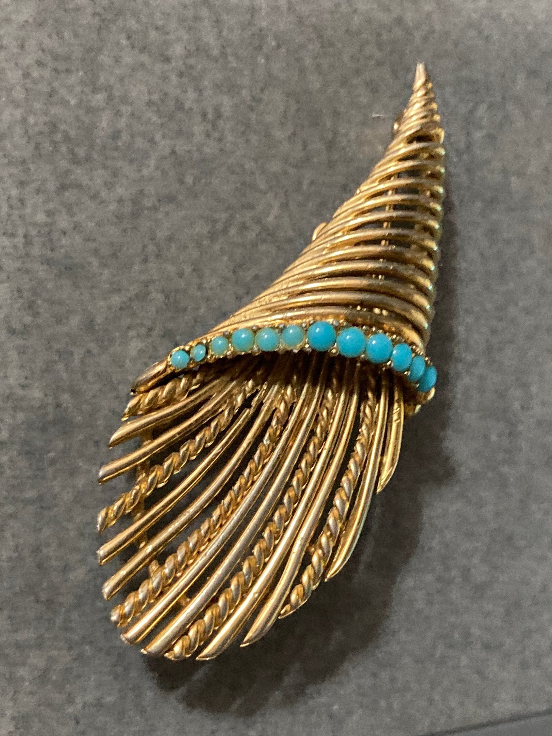 gold tone turquoise beaded abstract wheat basket brooch 1960s vintage modernist mid century