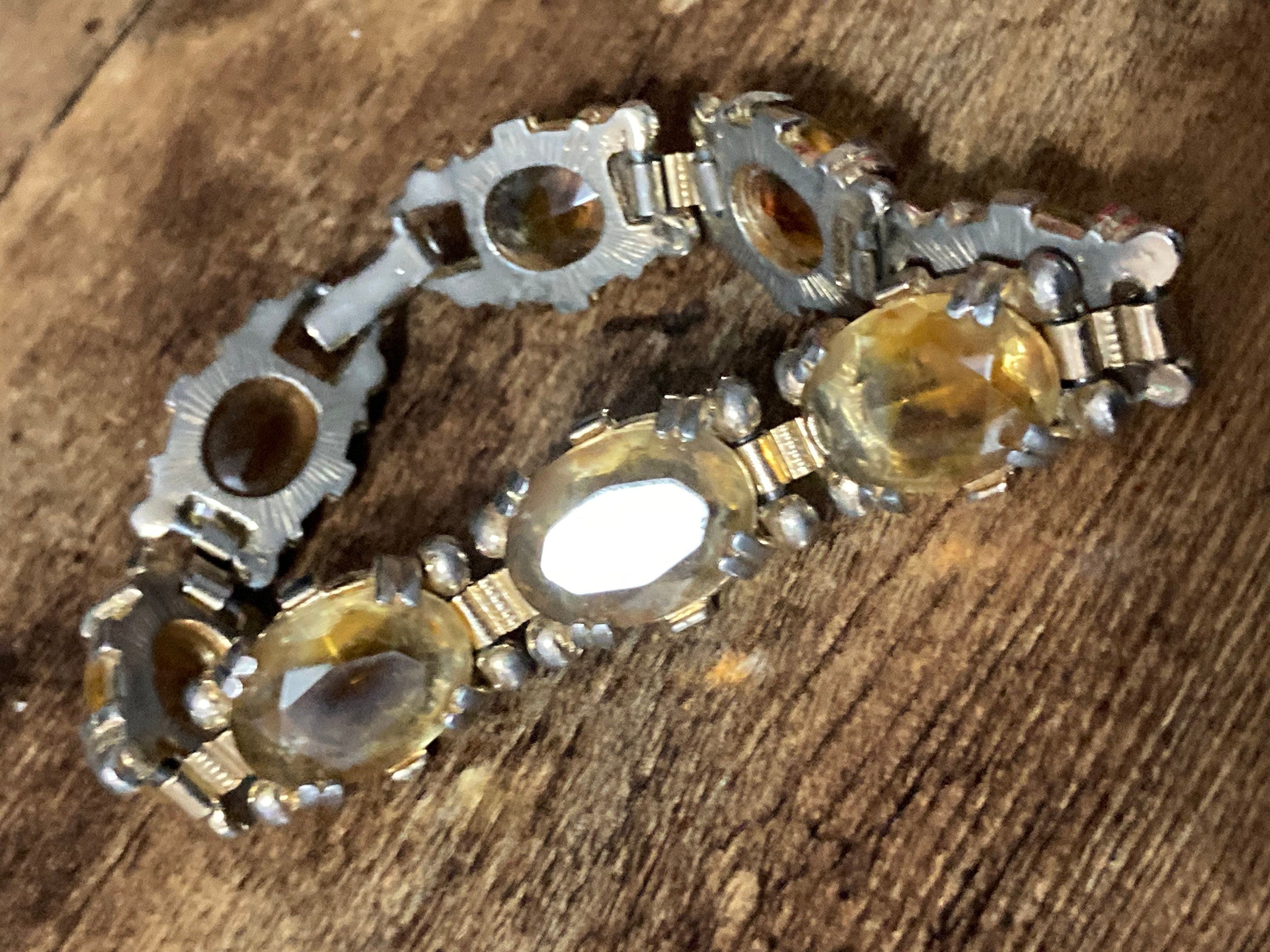 Vintage citrine Glass cocktail bracelet Gold Tone panel link 1960s MCM