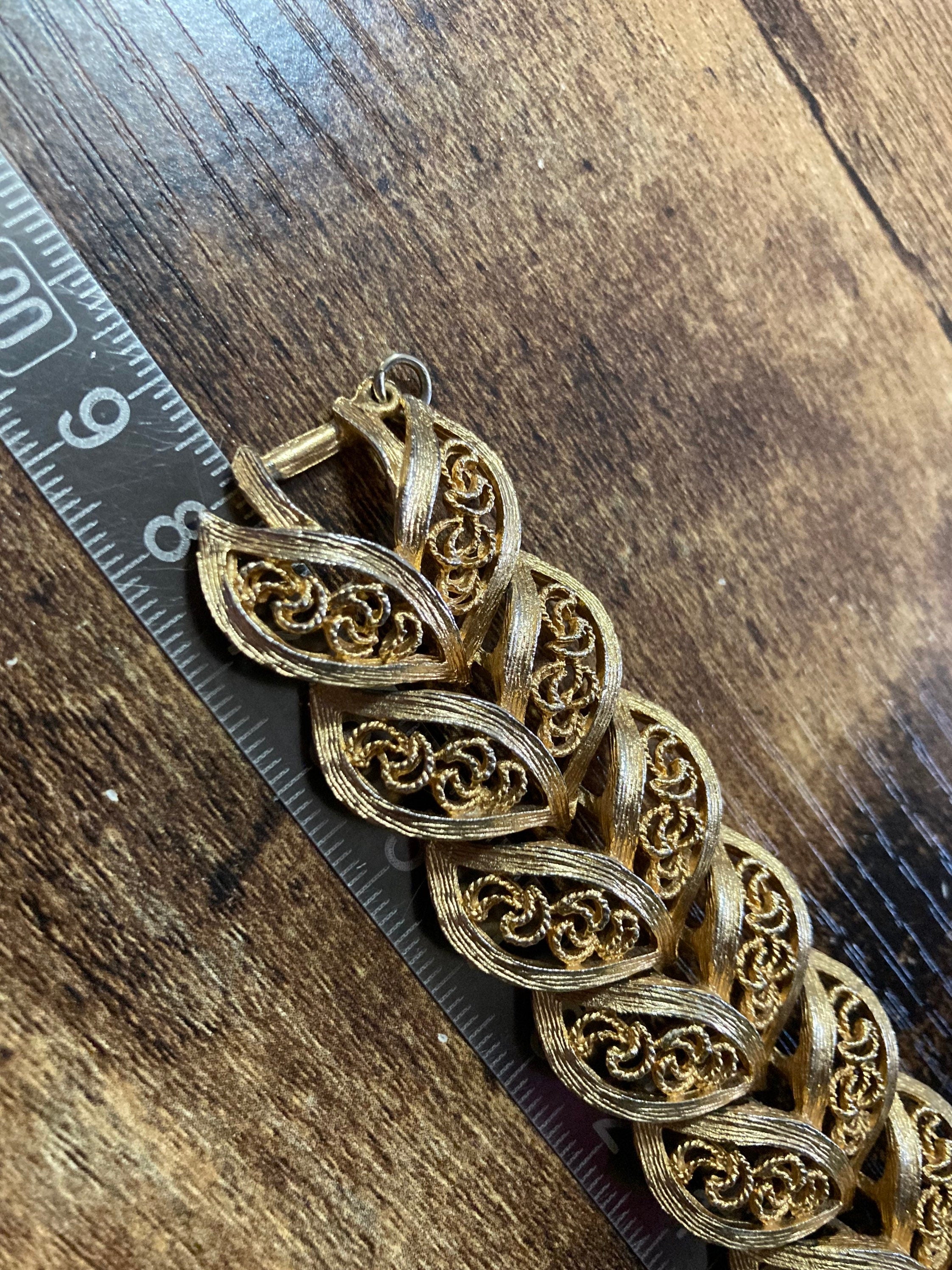 textured leaf bracelet 1970s modernist period Vintage gold tone