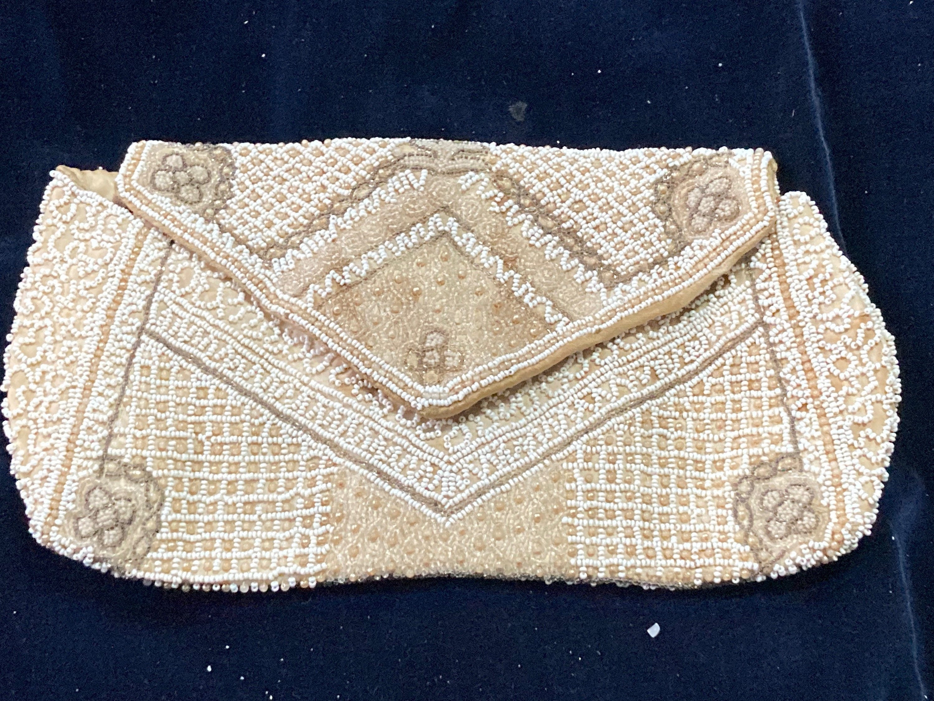 Antique French cream white micro beaded evening purse belgiun