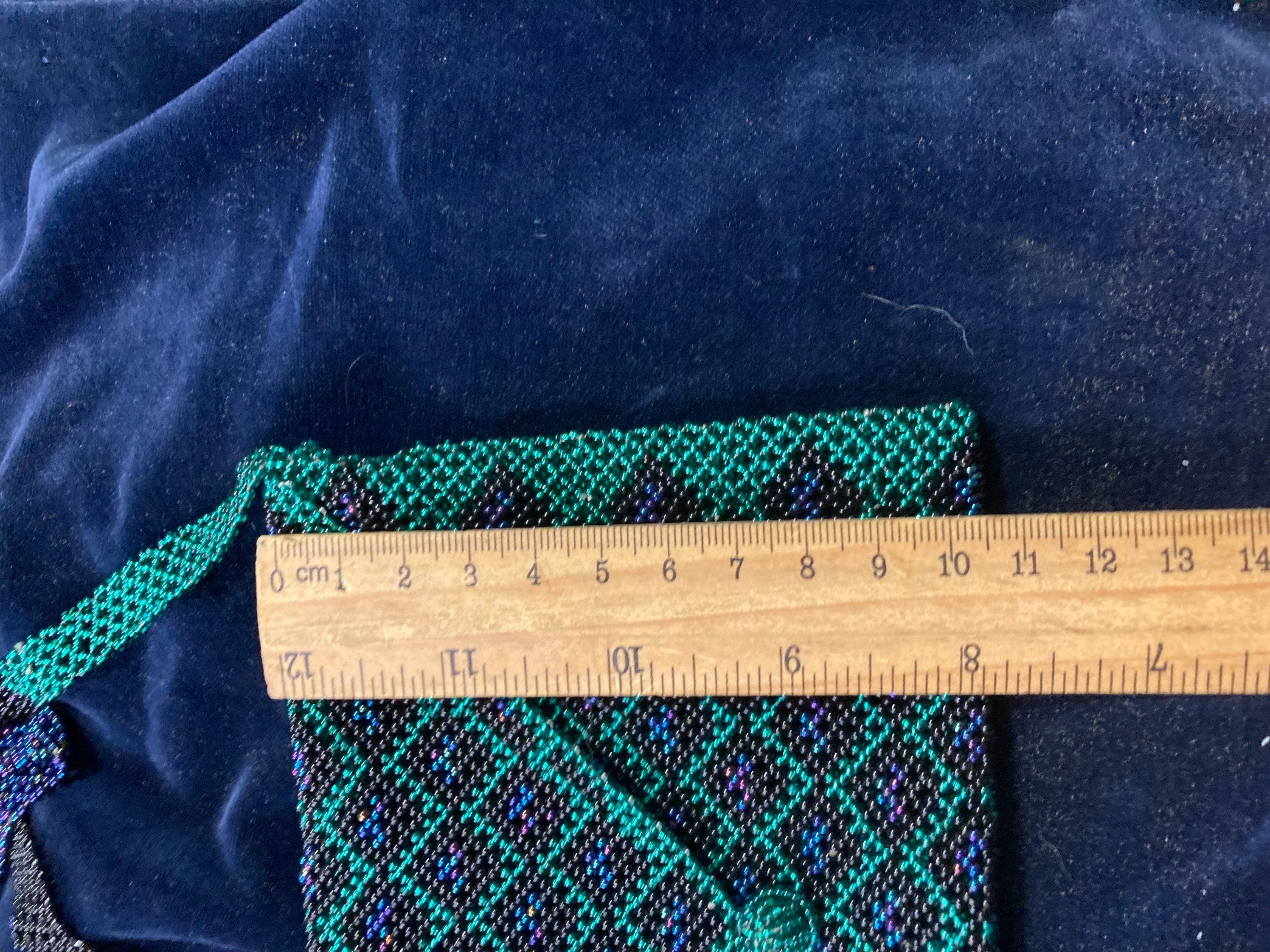 Antique micro beaded evening purse glass peacock blue green
