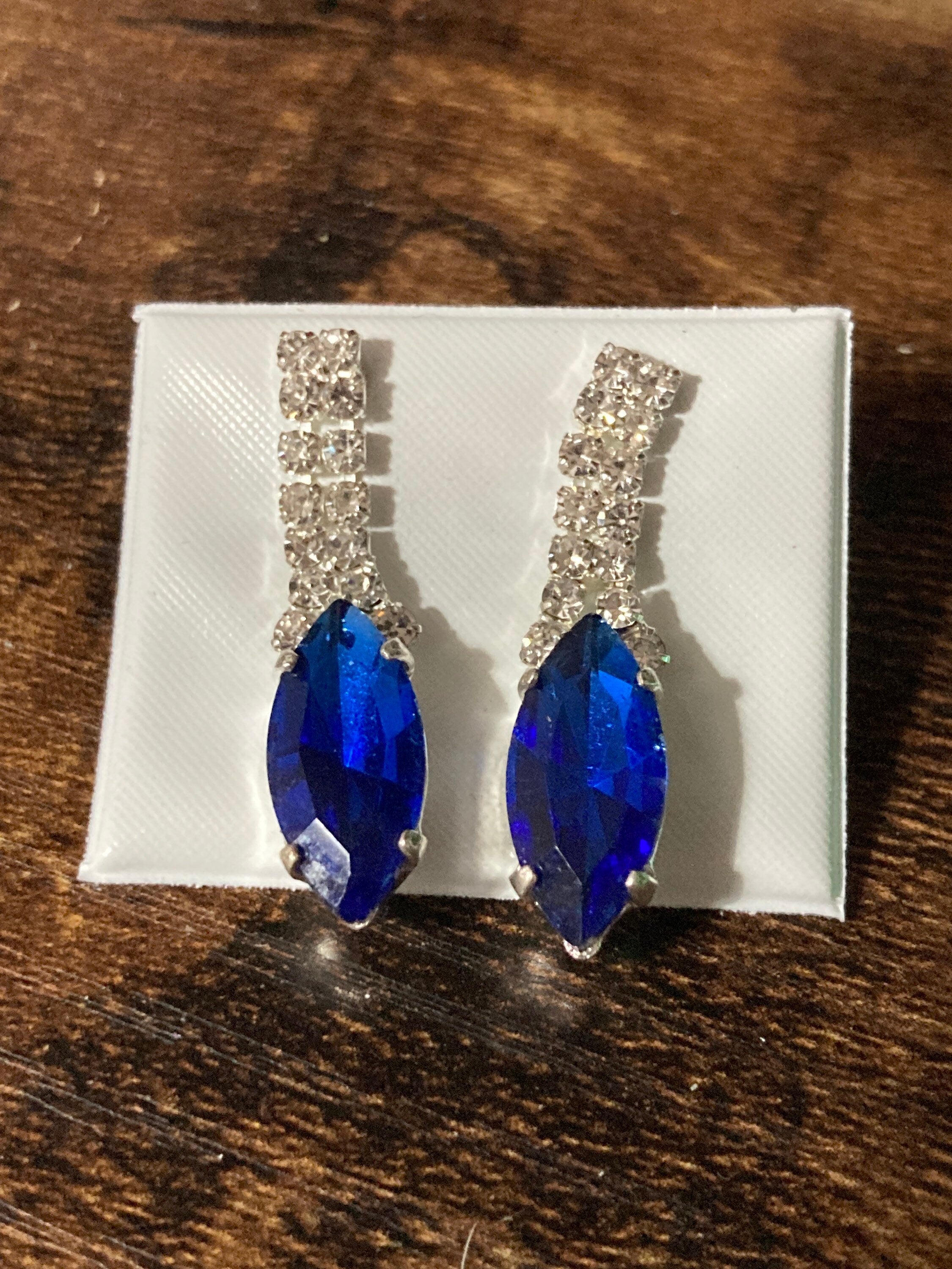 Retro diamanté earrings rhinestone bright sapphire blue and clear glass silver plated drop pierced