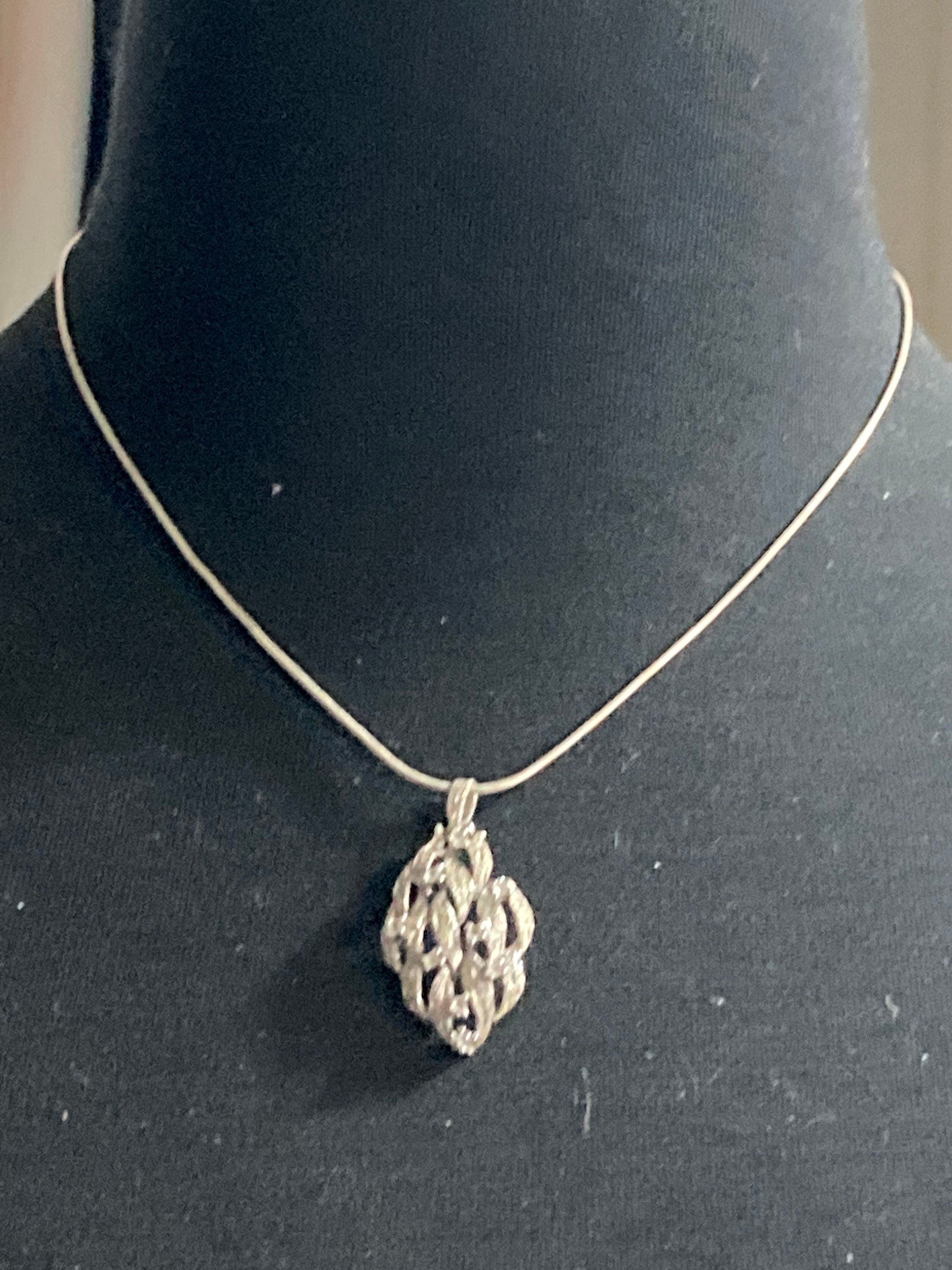 silver abstract bark pendant diamanté Modernist necklace 4cm 925