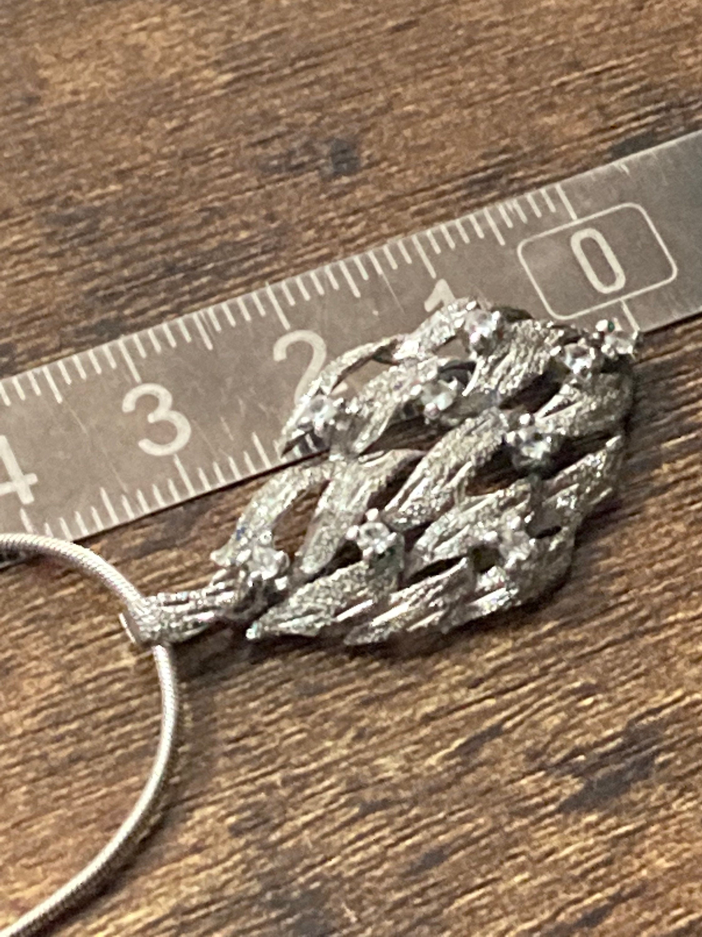 silver abstract bark pendant diamanté Modernist necklace 4cm 925