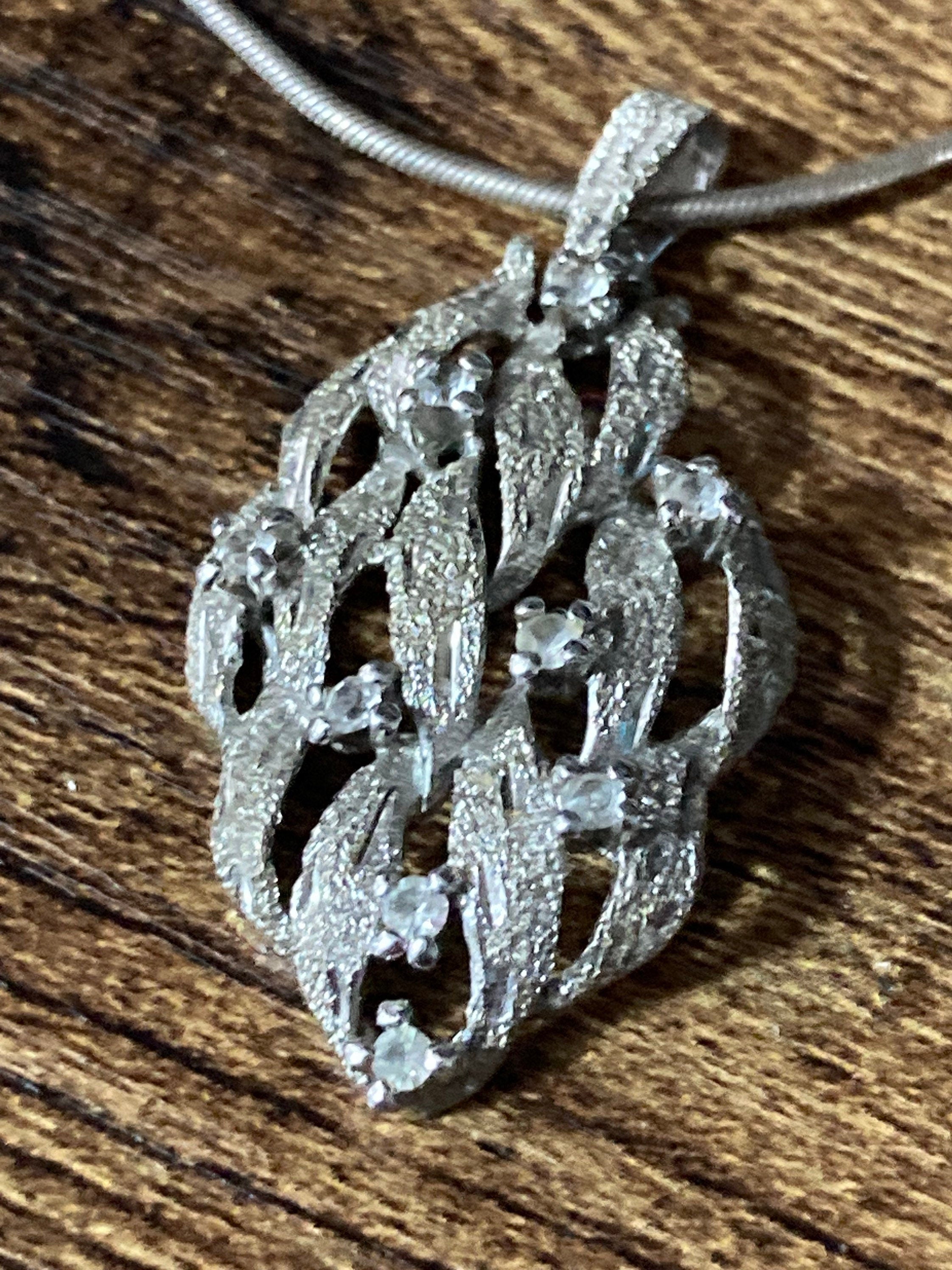 silver abstract bark pendant diamanté Modernist necklace 4cm 925