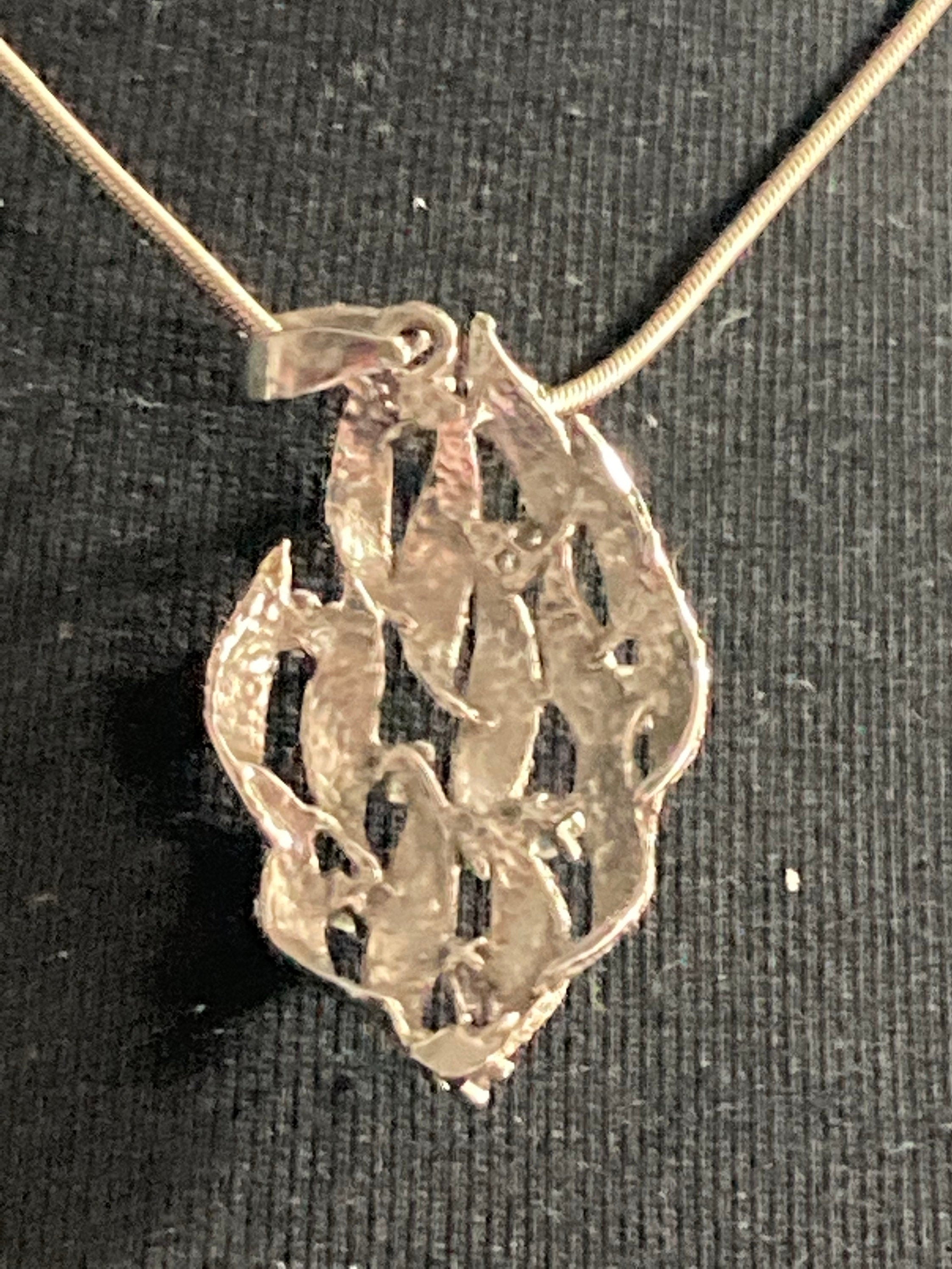 silver abstract bark pendant diamanté Modernist necklace 4cm 925