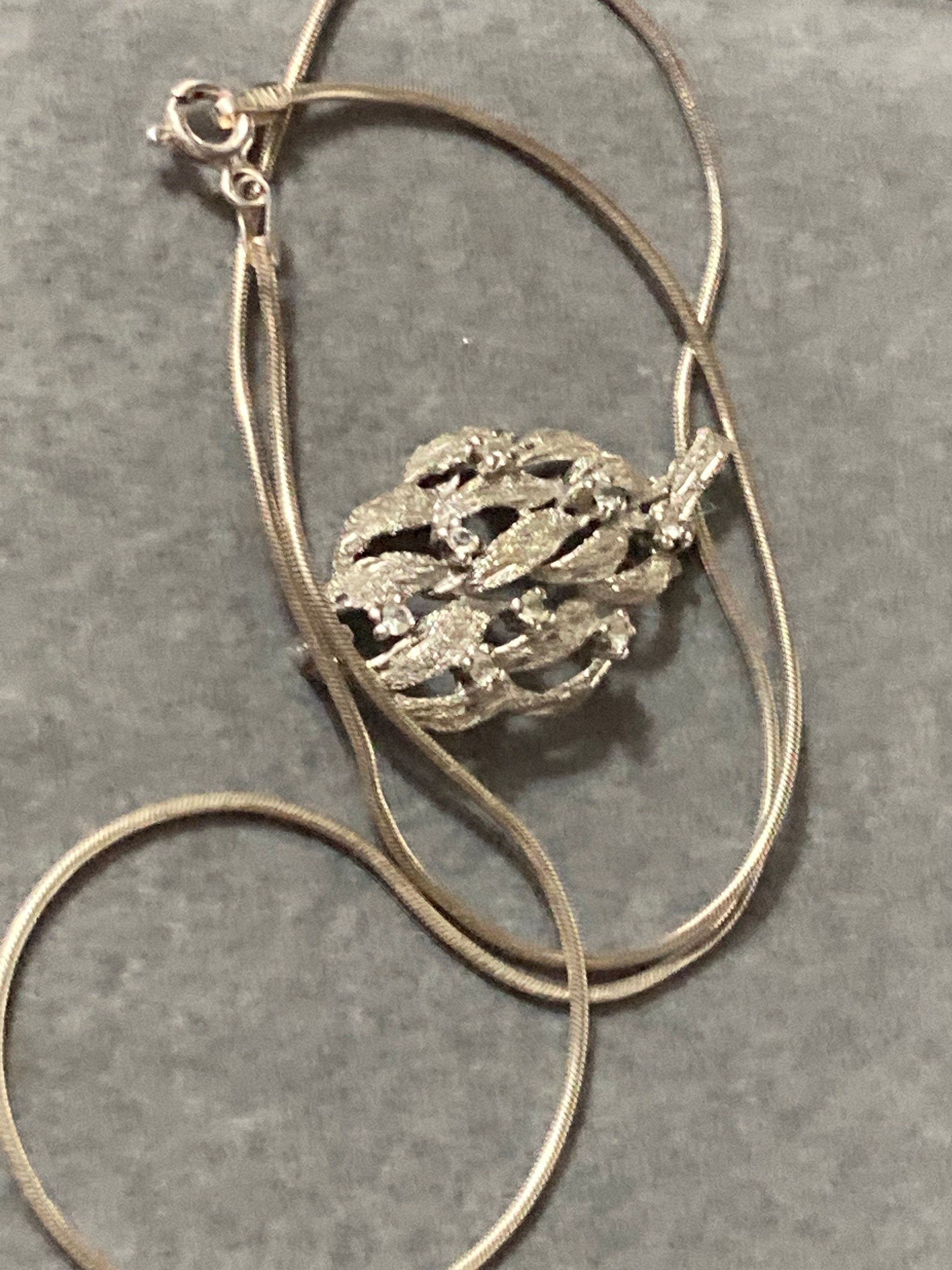 silver abstract bark pendant diamanté Modernist necklace 4cm 925