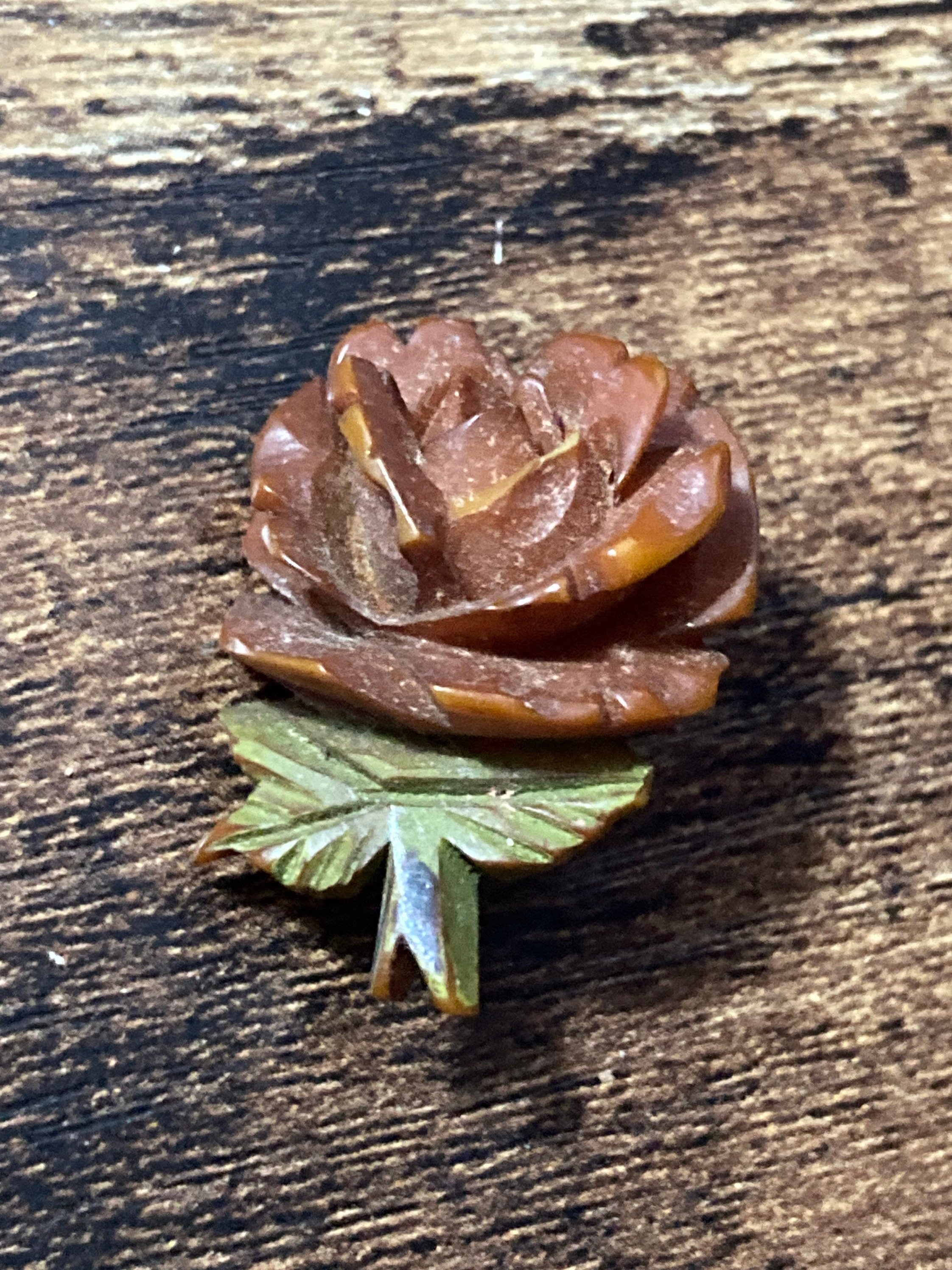 early plastic resin floral rose brooch Celluloid or bakelite Art Deco