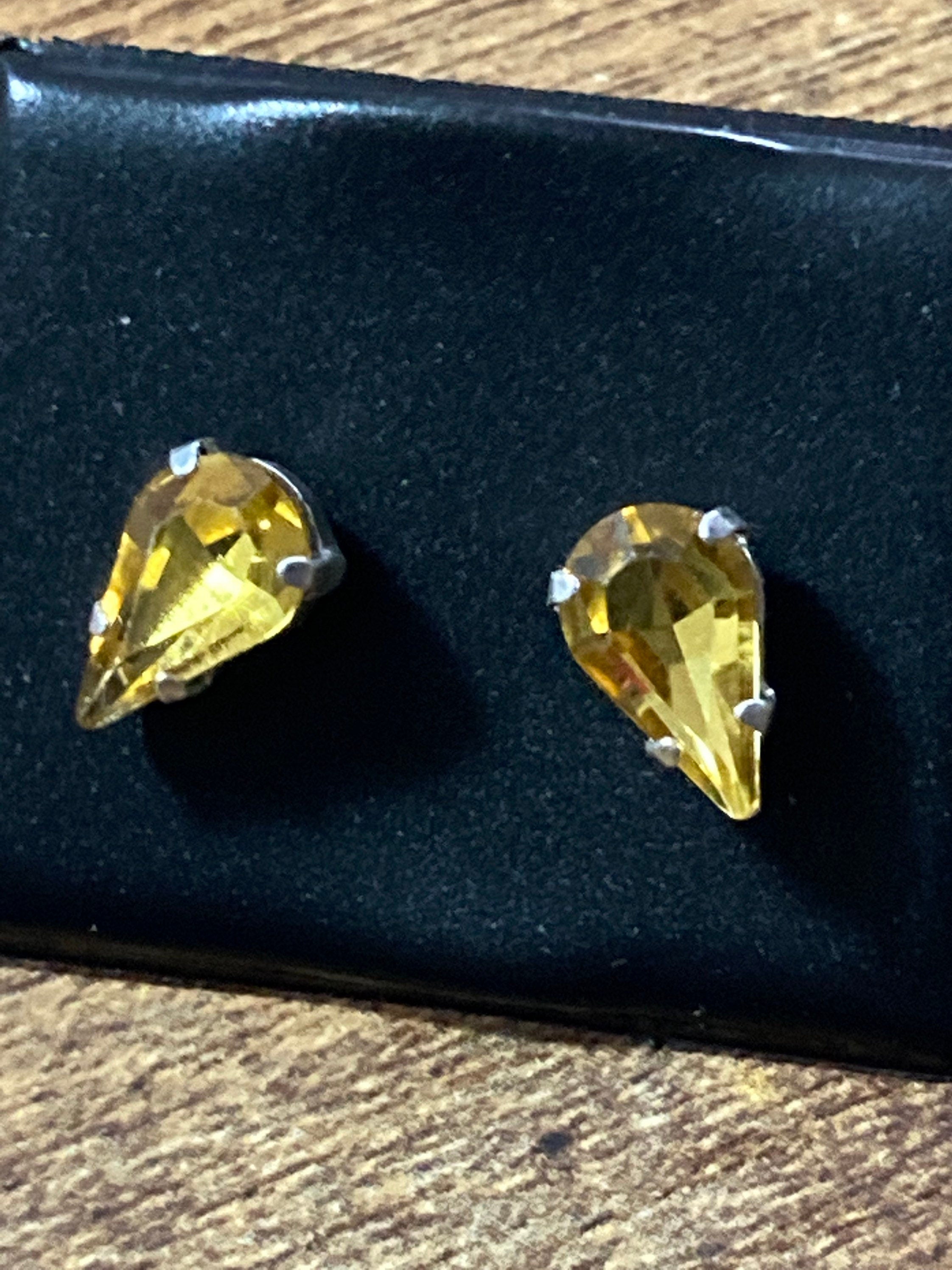 Citrine orange amber glass earrings rhinestone silver plated teardrop