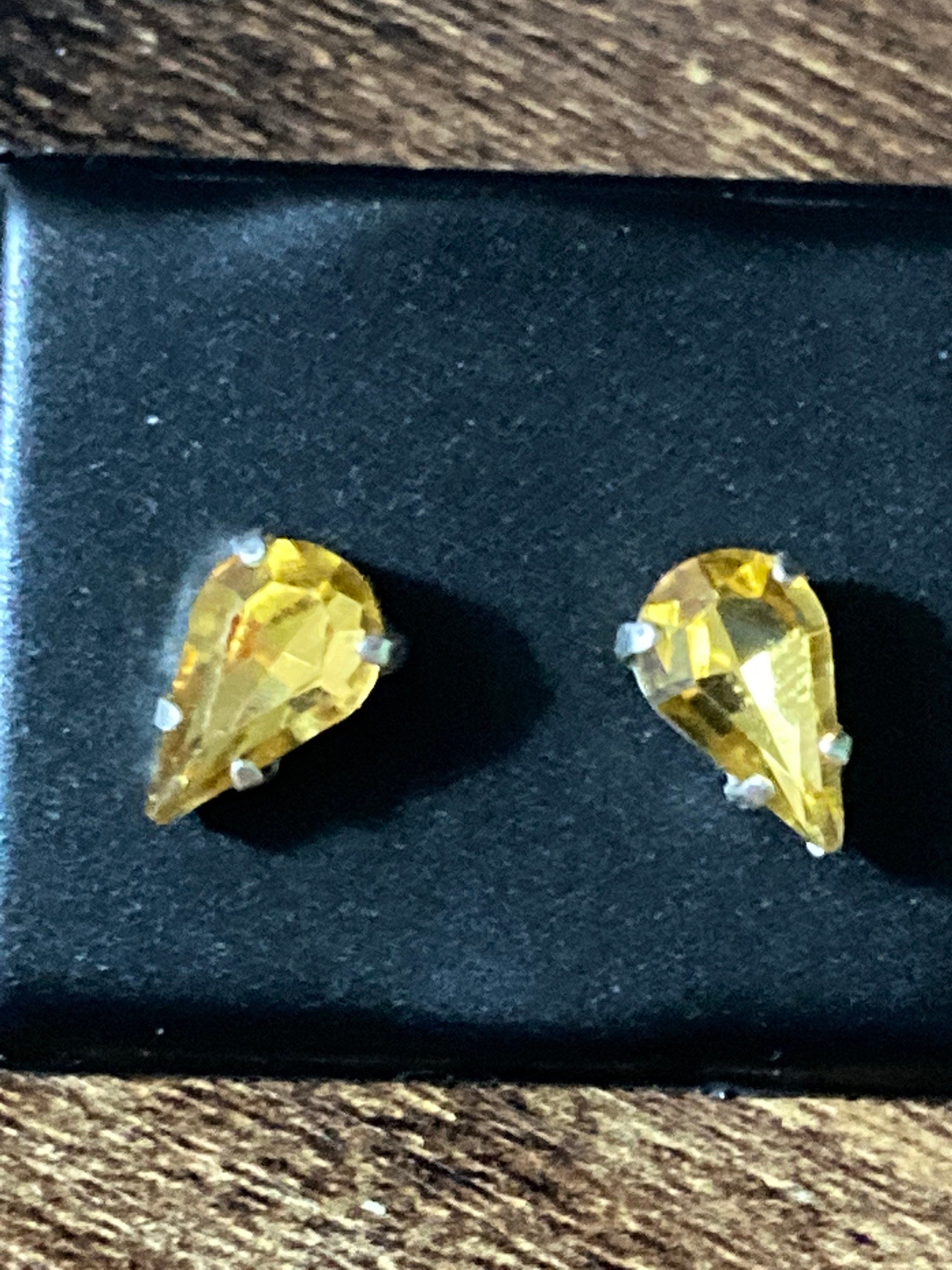 Citrine orange amber glass earrings rhinestone silver plated teardrop