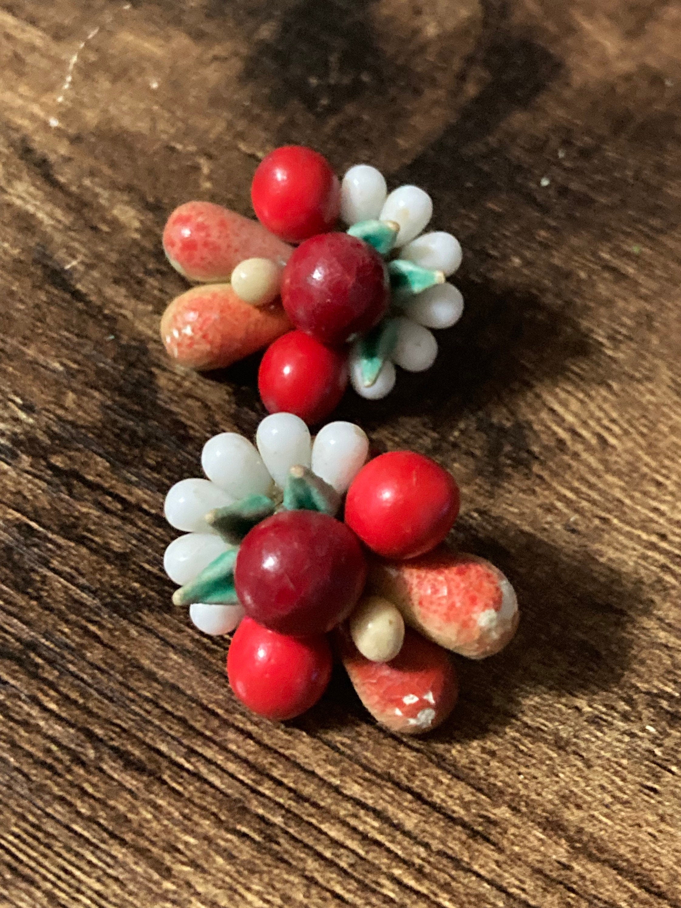 Antique FRUIT Basket clip on stud earrings 1930s