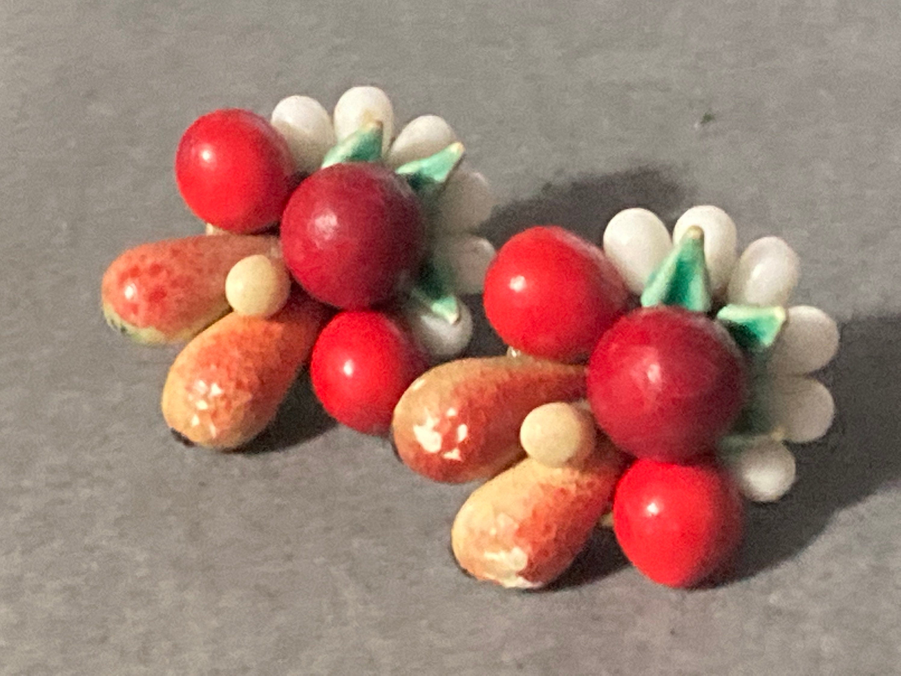 Antique FRUIT Basket clip on stud earrings 1930s