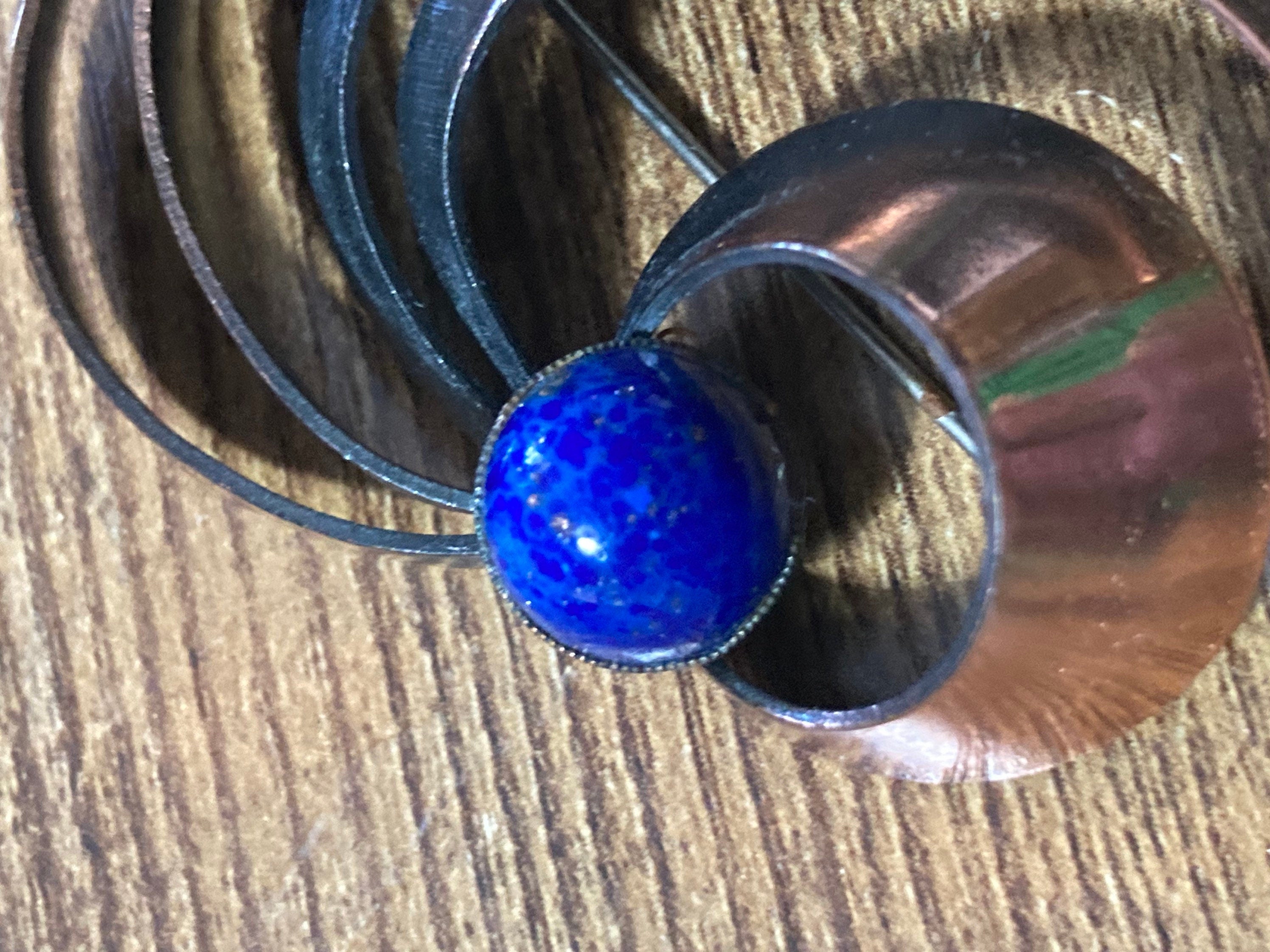 Vintage copper faux Lapis Lazuli brooch with roll clasp 1960s