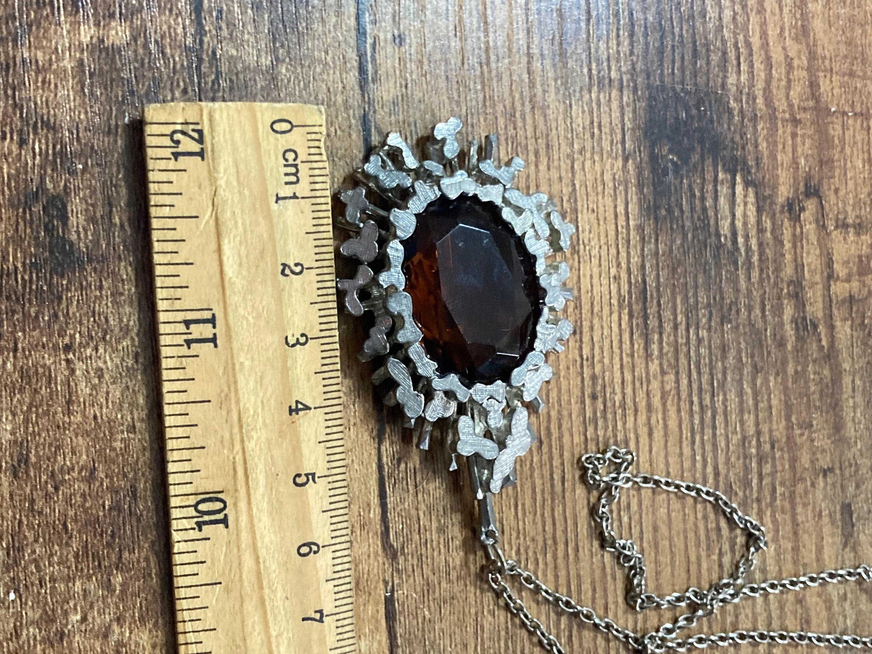 Vintage brown cognac glass silver tone metal Paste drop pendant on 68cm chain