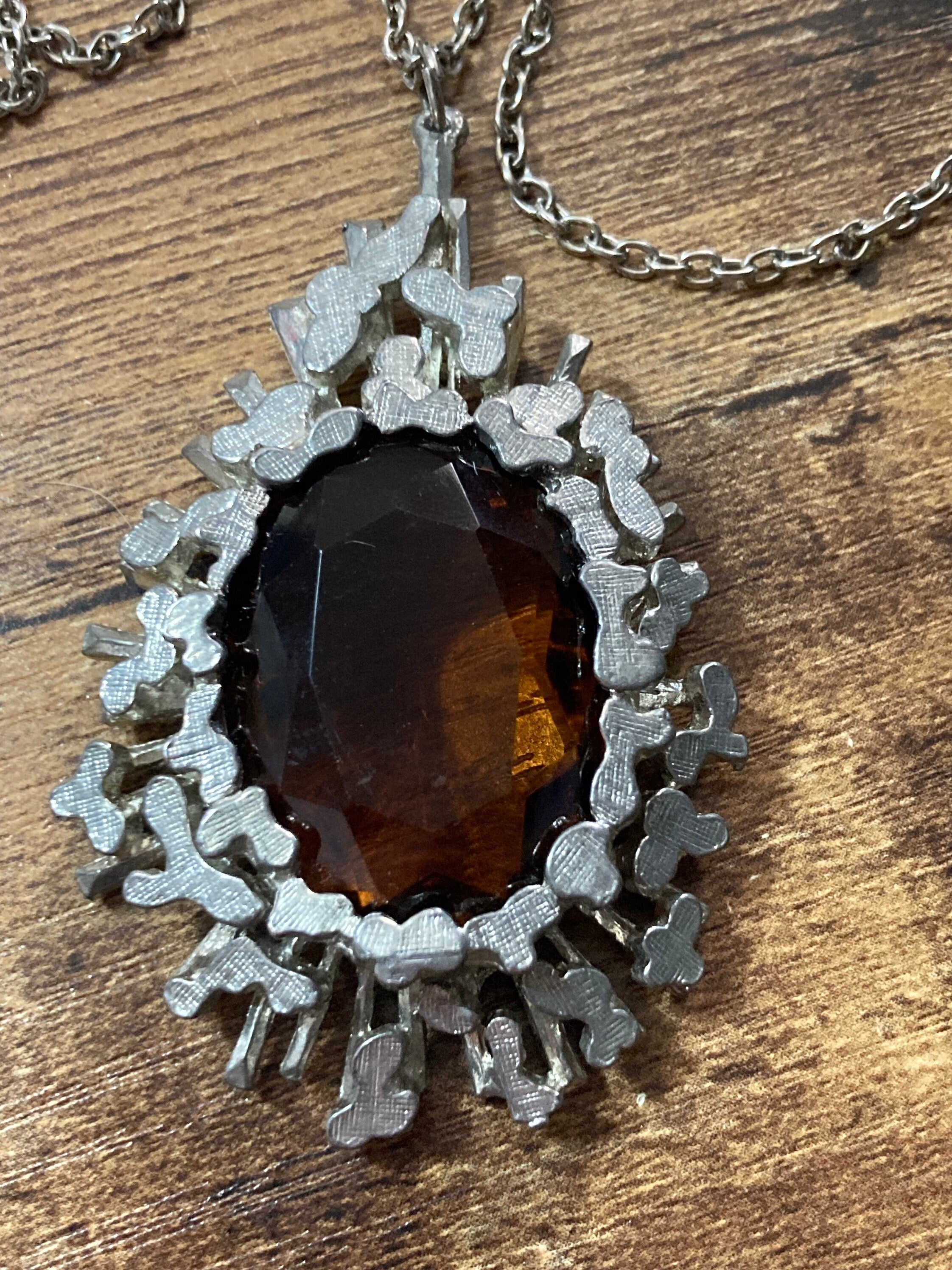 Vintage brown cognac glass silver tone metal Paste drop pendant on 68cm chain