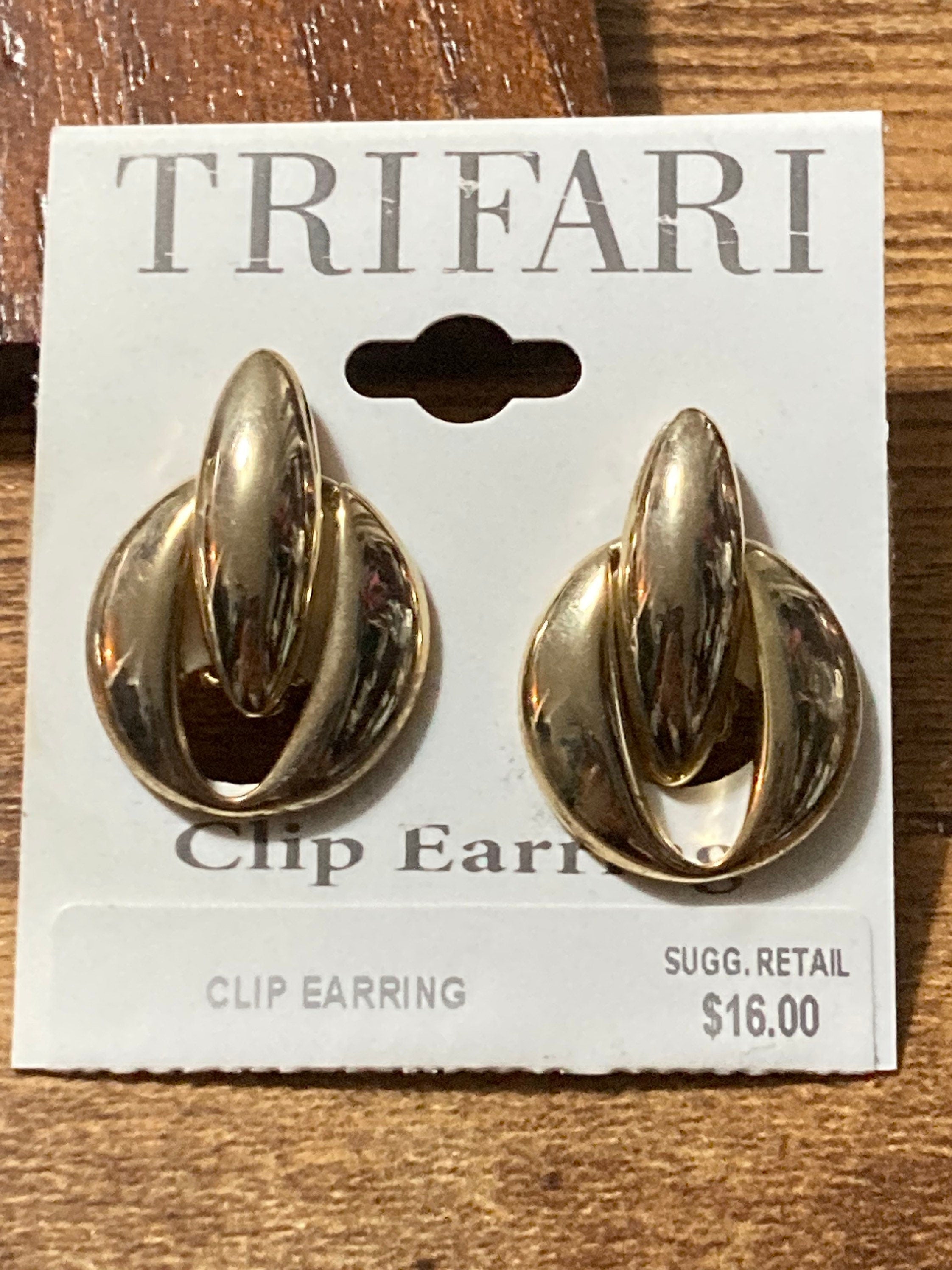Trifari 1980s gold tone clip on earrings door knocker unsigned