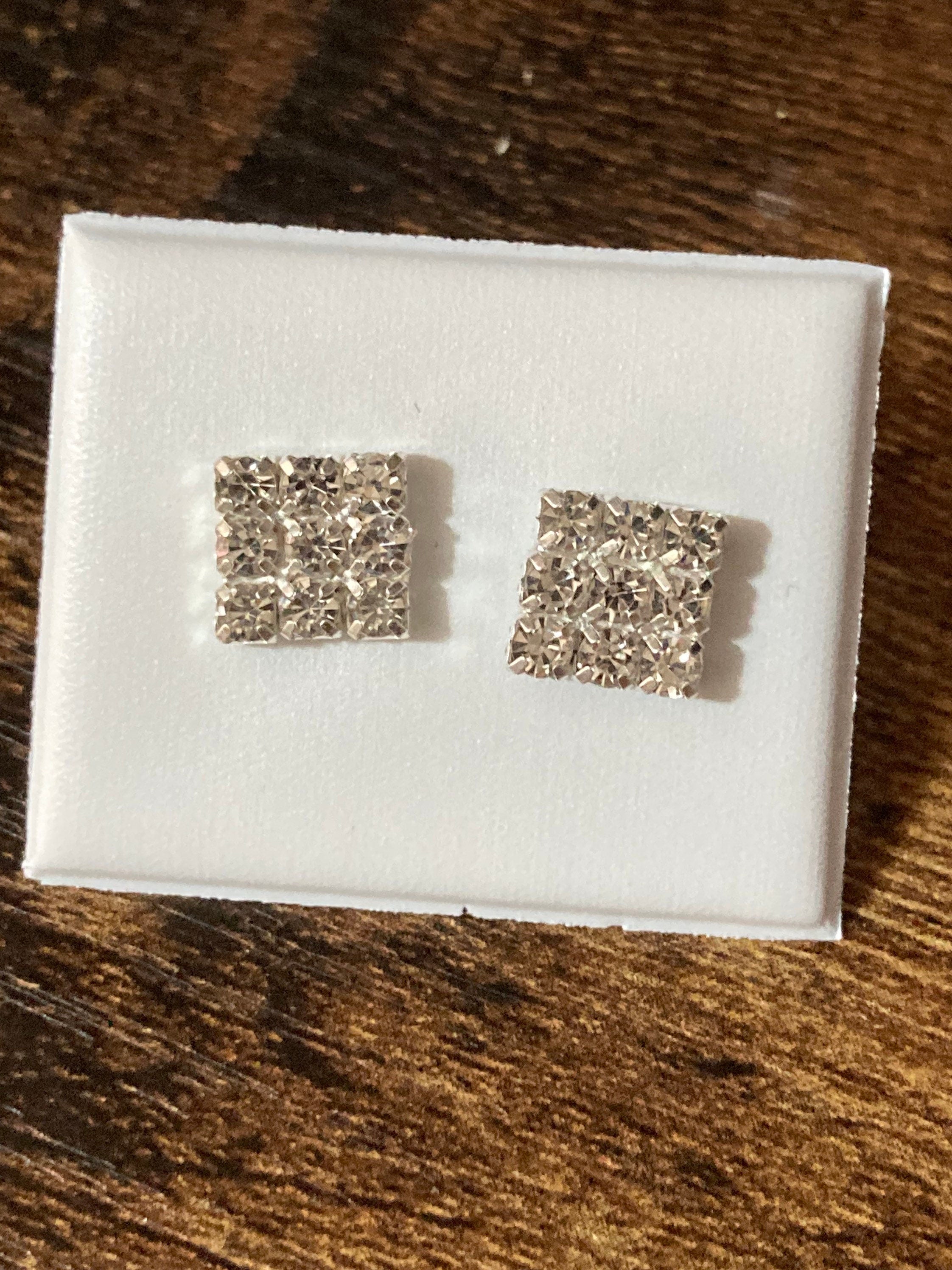 Plain square 8mm clear crystal diamanté stud earrings silver plated Very sparkly