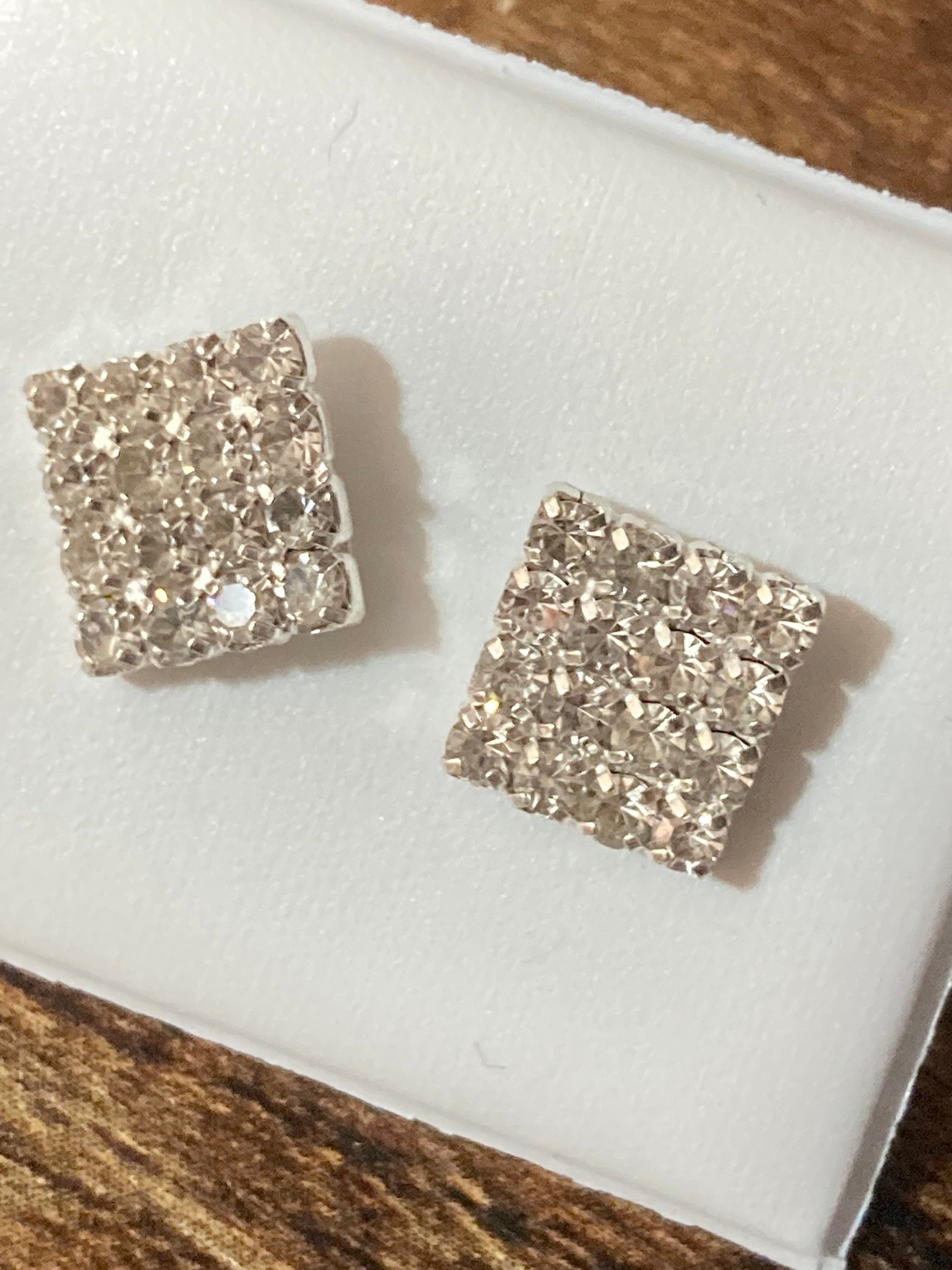 Plain square 8mm clear crystal diamanté stud earrings silver plated