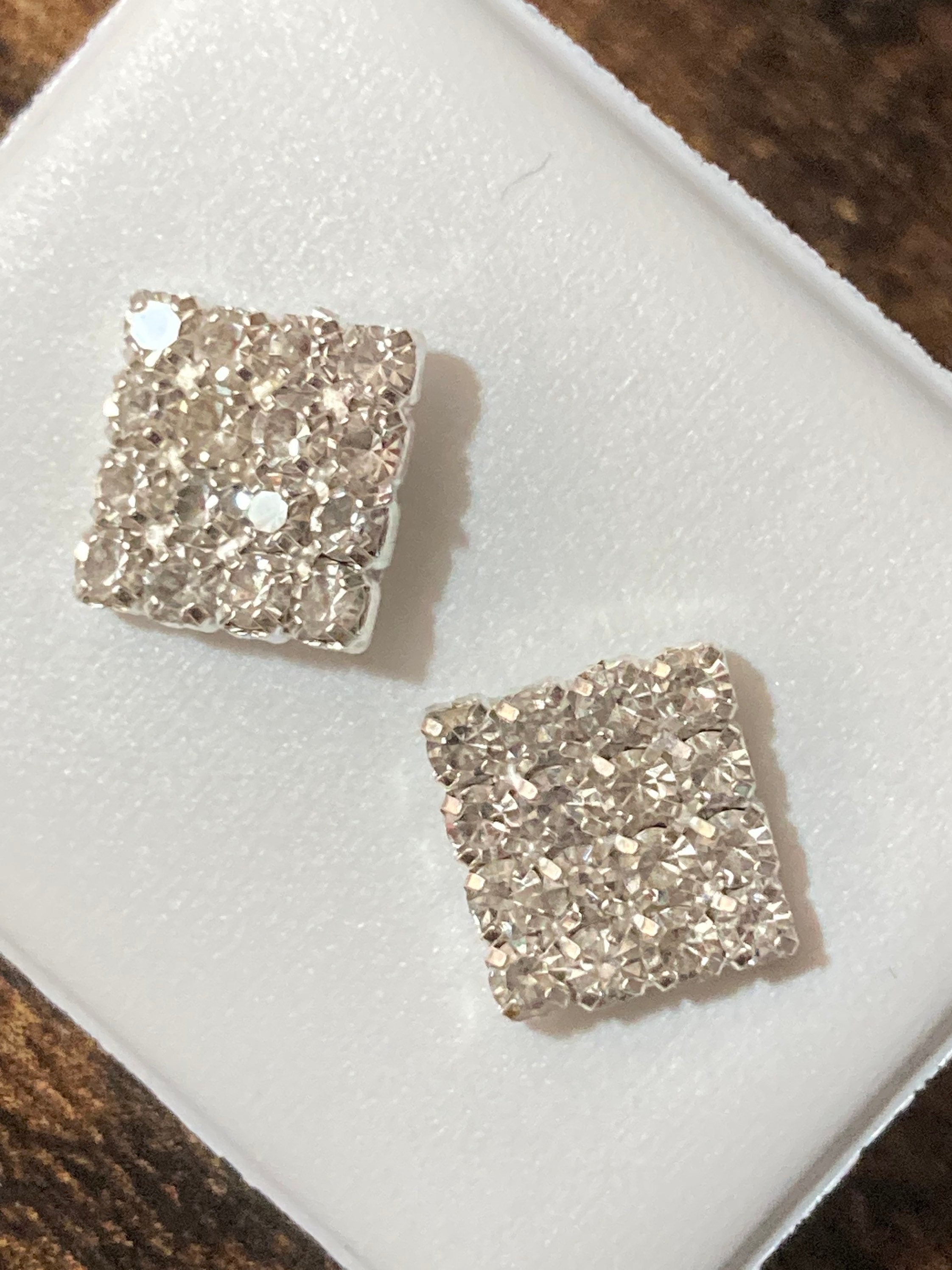 Plain square 8mm clear crystal diamanté stud earrings silver plated
