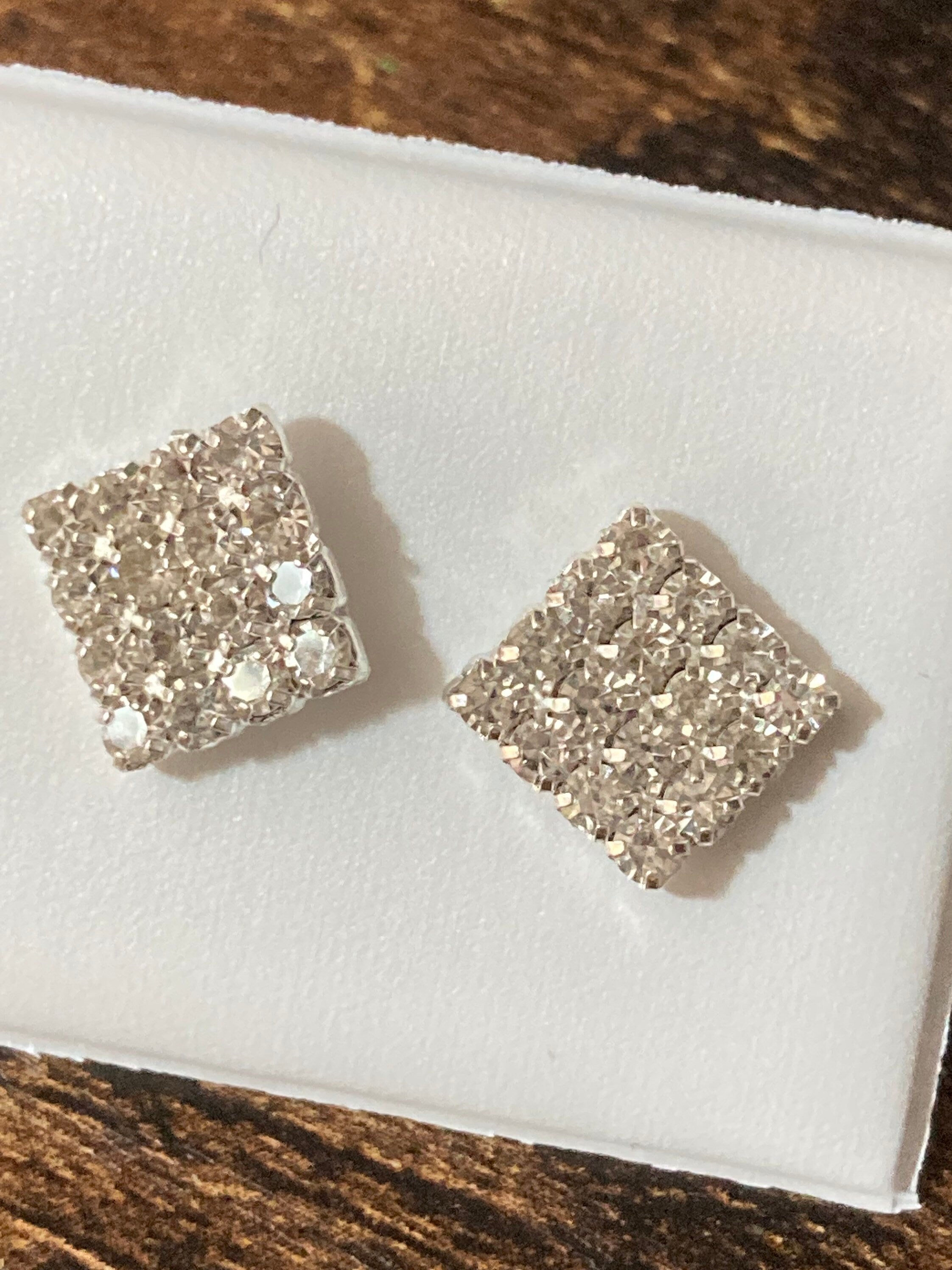 Plain square 8mm clear crystal diamanté stud earrings silver plated