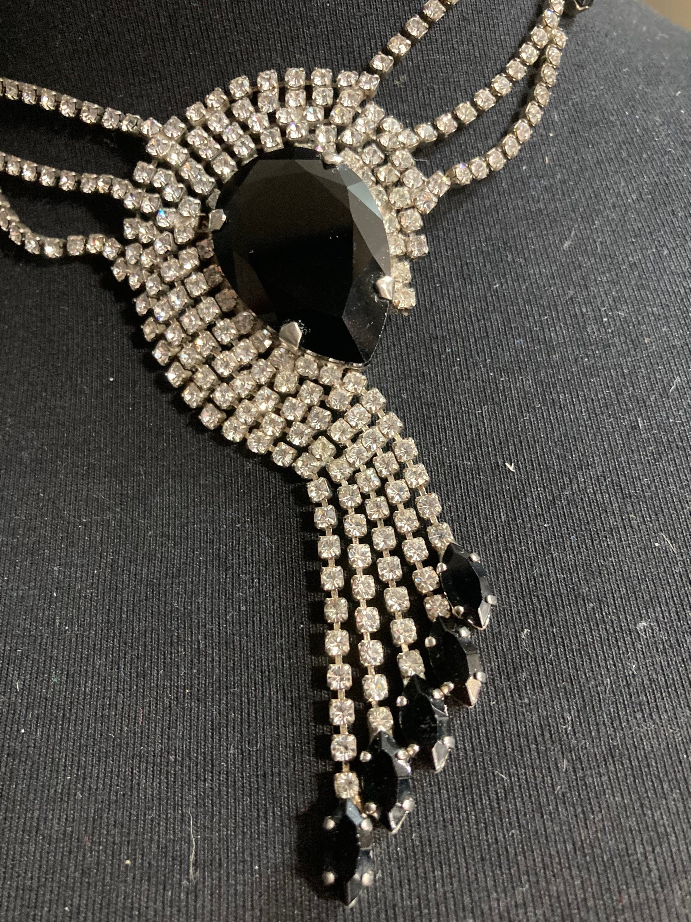 diamanté rhinestone necklace clear black paste silver tone monochrome 45cm