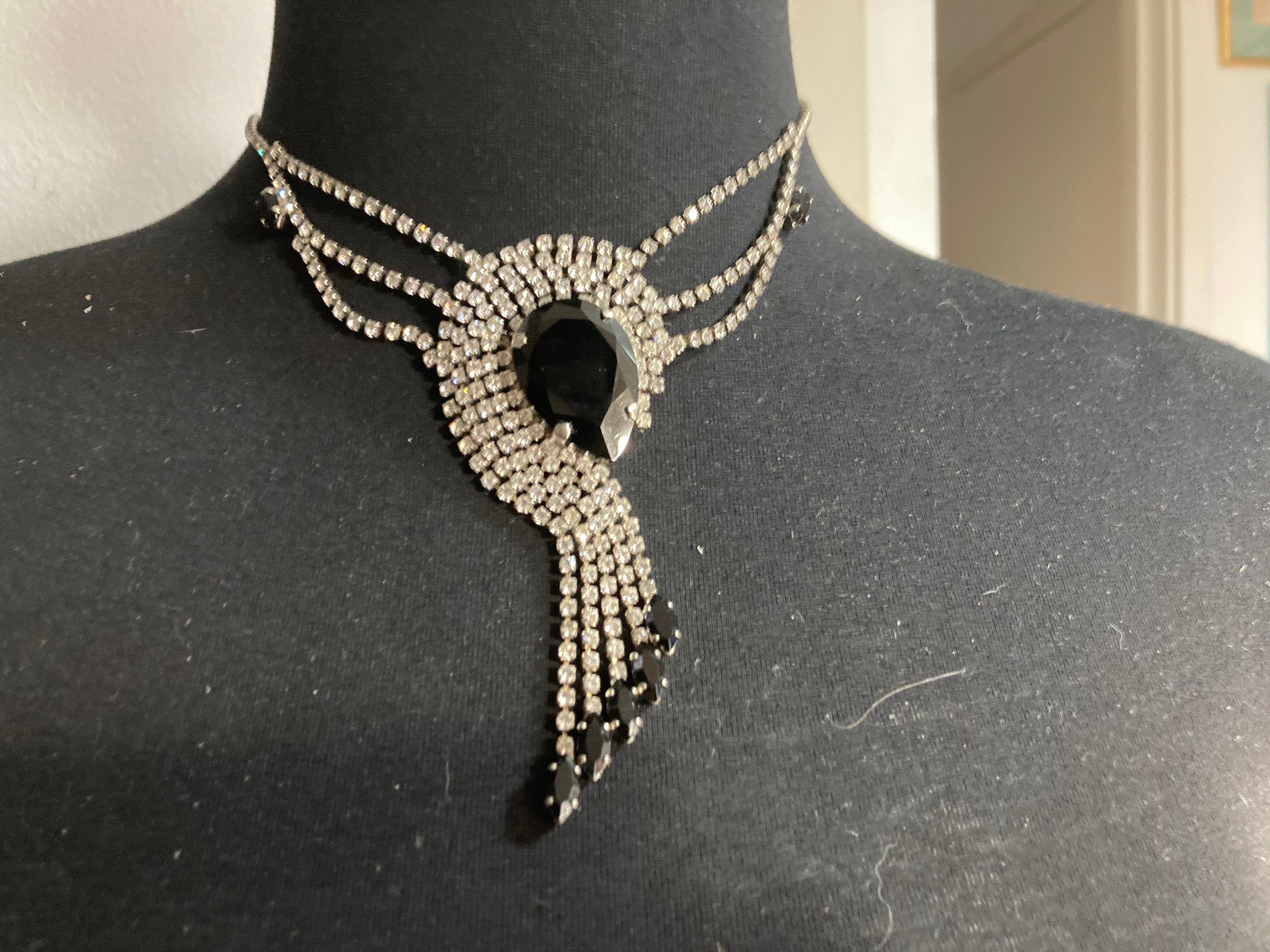 diamanté rhinestone necklace clear black paste silver tone monochrome 45cm