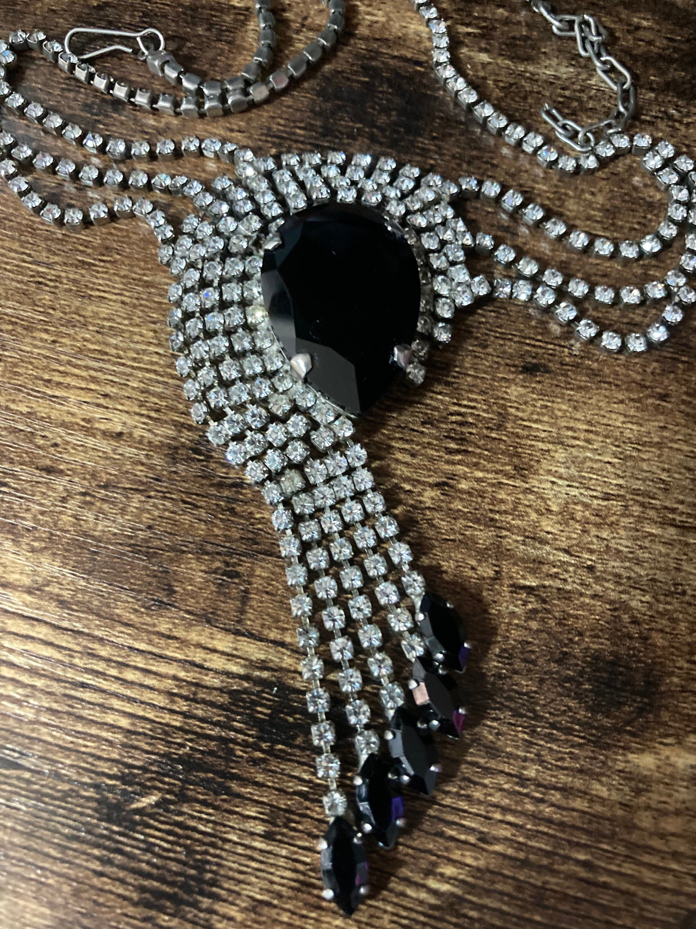 diamanté rhinestone necklace clear black paste silver tone monochrome 45cm